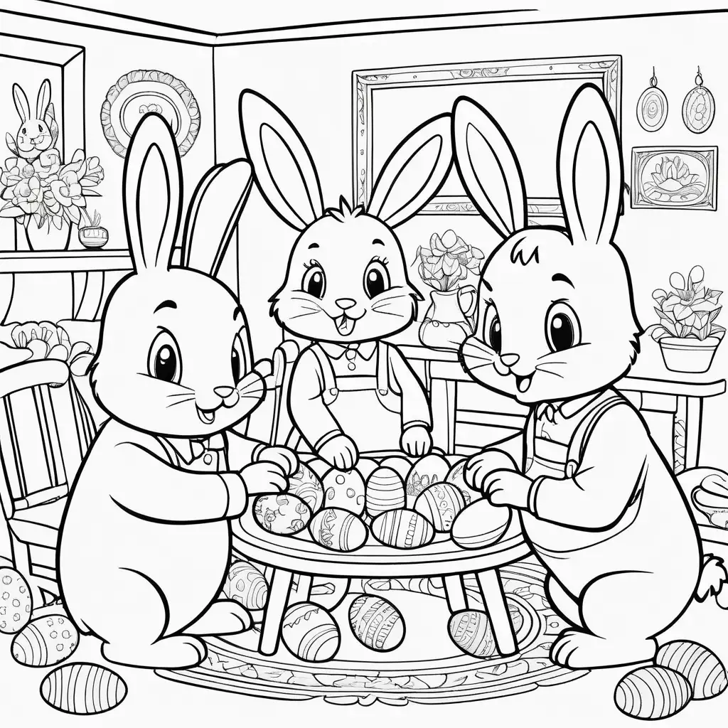 colouring book  image cute cartoon eastern rabbits happy and excited preparing the living room for Easter celebrations