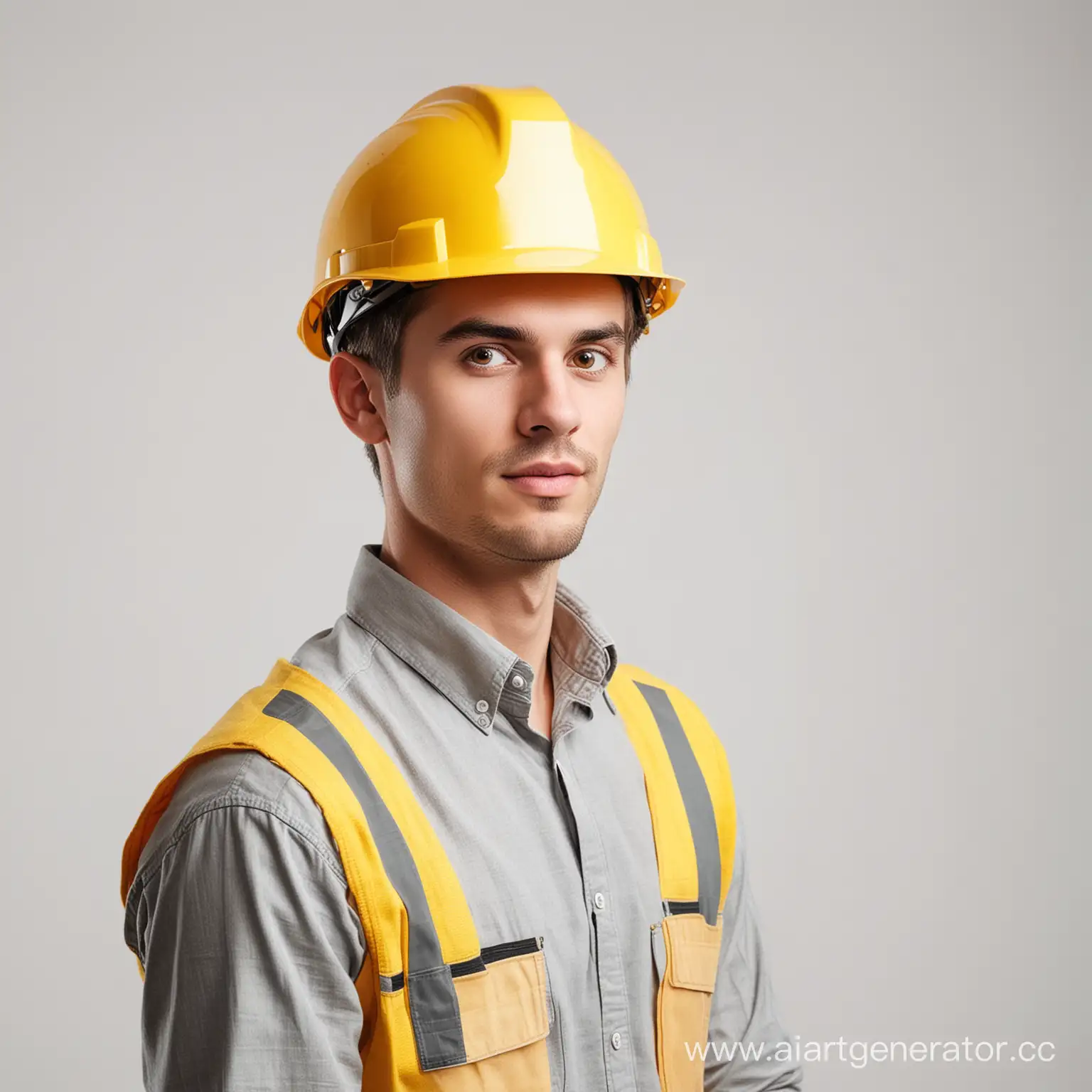 Молодой мужчина строитель в желтой каске на белом фоне