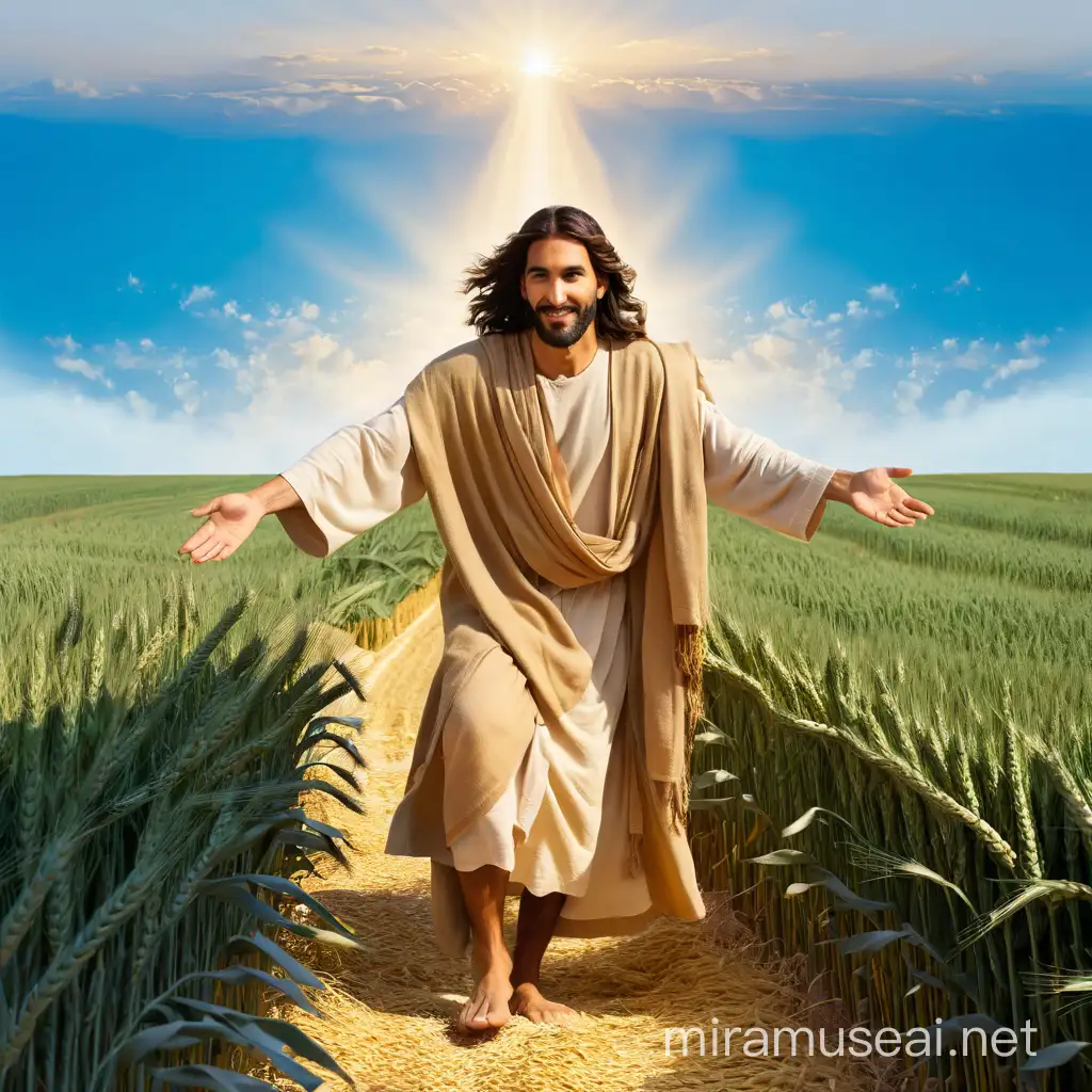 hyperrealist middle eastern jesus welcoming you to paradise, wheat field,  side lit, wearing beige robes, barefeet, looking at camera