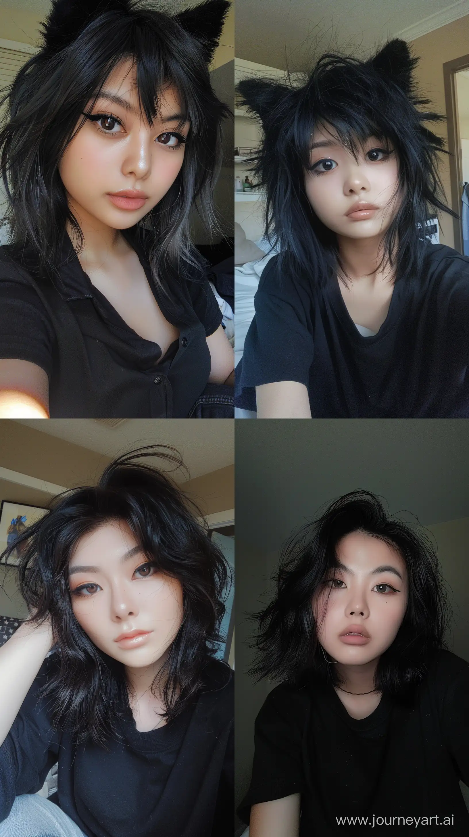 a selfie of asian girl with medium black wolfcut hair, wide set eyes, aestethic make up, black shirt --ar 9:16
