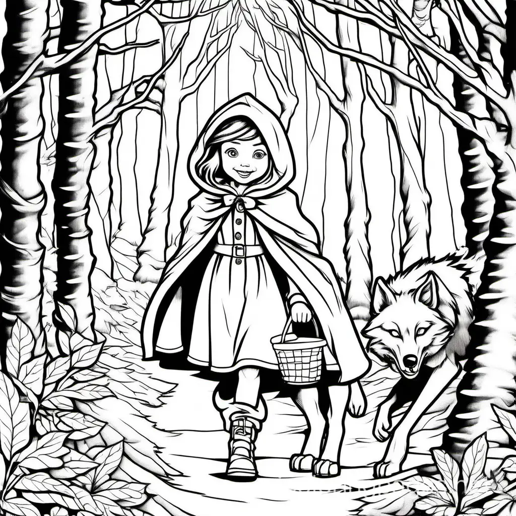 little red riding hood walking through the forest meet wolf, Coloring Page, black and white, line art, white background, Simplicity, Ample White Space. The background of the coloring page is plain white to make it easy for young children to color within the lines. The outlines of all the subjects are easy to distinguish, making it simple for kids to color without too much difficulty