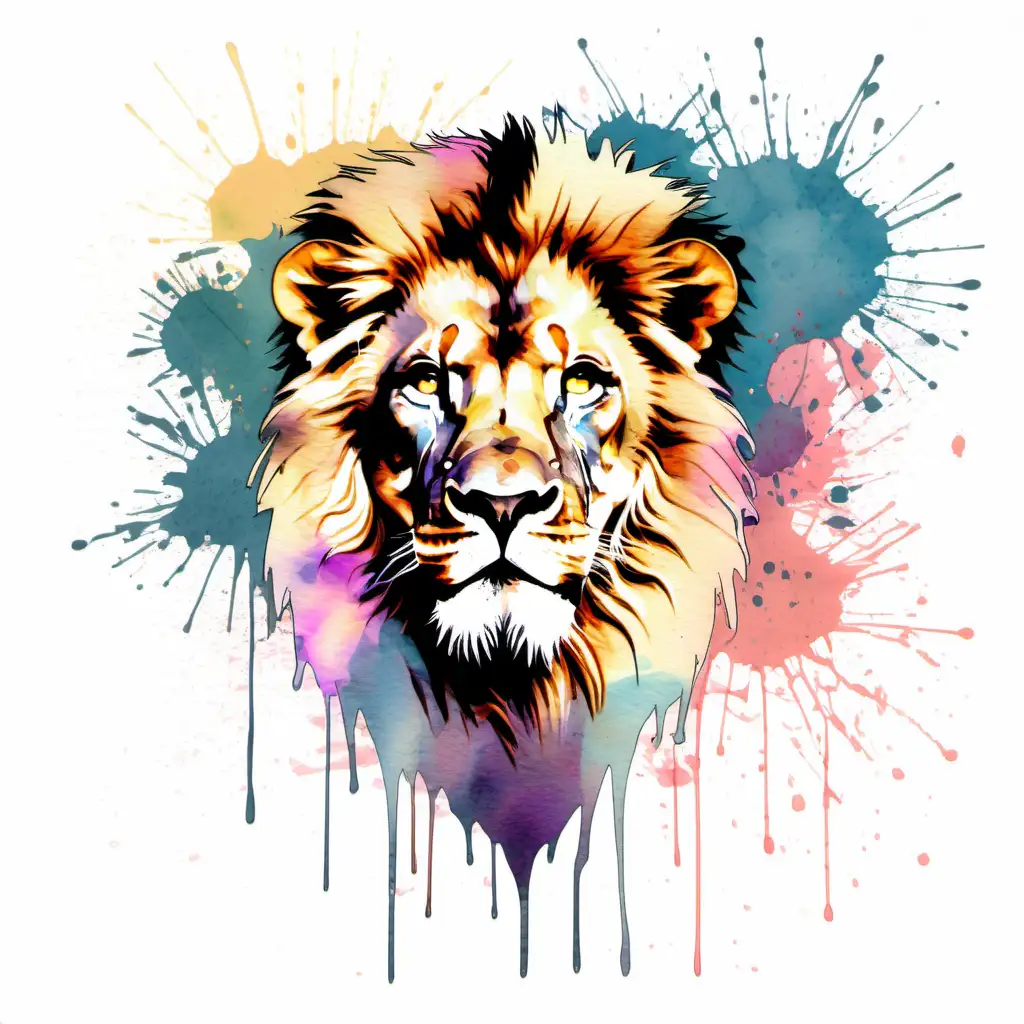 Watercolour style lion on pastel splatter background
