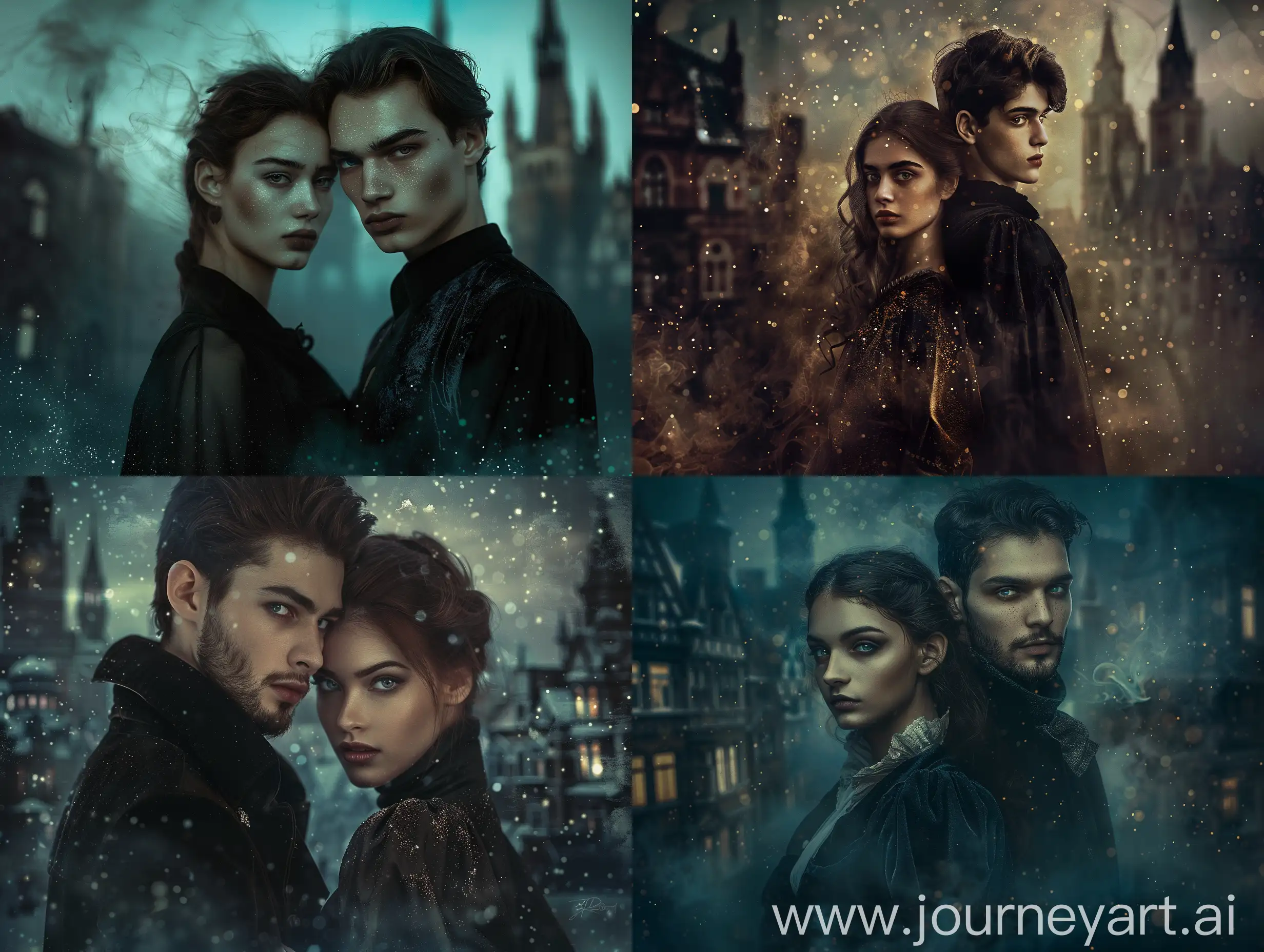 a fantasy portrait an incredibly beautiful couple of a man and a woman, a realistic photograph of an unearthly, almost hyperrealistic image of mysterious strangers, against the background of a Gothic city, background with amorphous bokeh, dark, hyperrealistic, dark fantasy style, raw style, volumetric dust particles, digital photography, fluctuating depth of field, wide angle, ethereal lighting, intricate clothing details, (perfect eye detail), cgi, 32 k