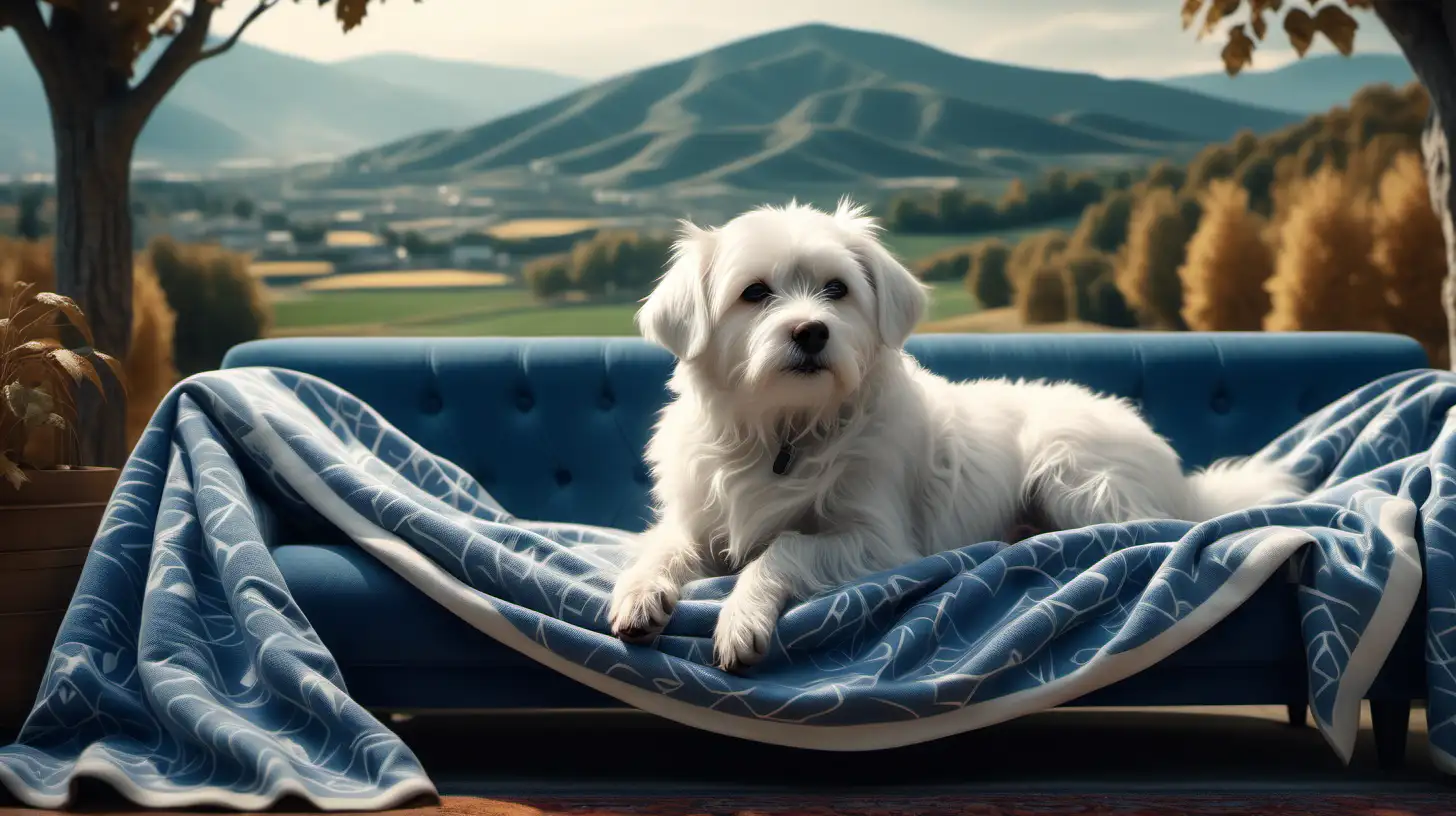 A cute wite dog laying in a blue sofa, under a blanket made of mother nature, small trees, fieelds, moun tains and a lovely landscape is the pattern om the blanket, realistik, lots of details, f8, hd, cinematic style