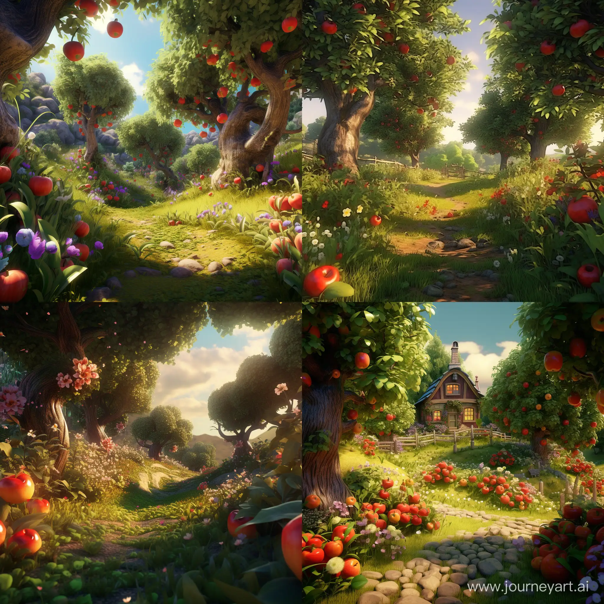 A very beautiful apple grove. 3D animation 