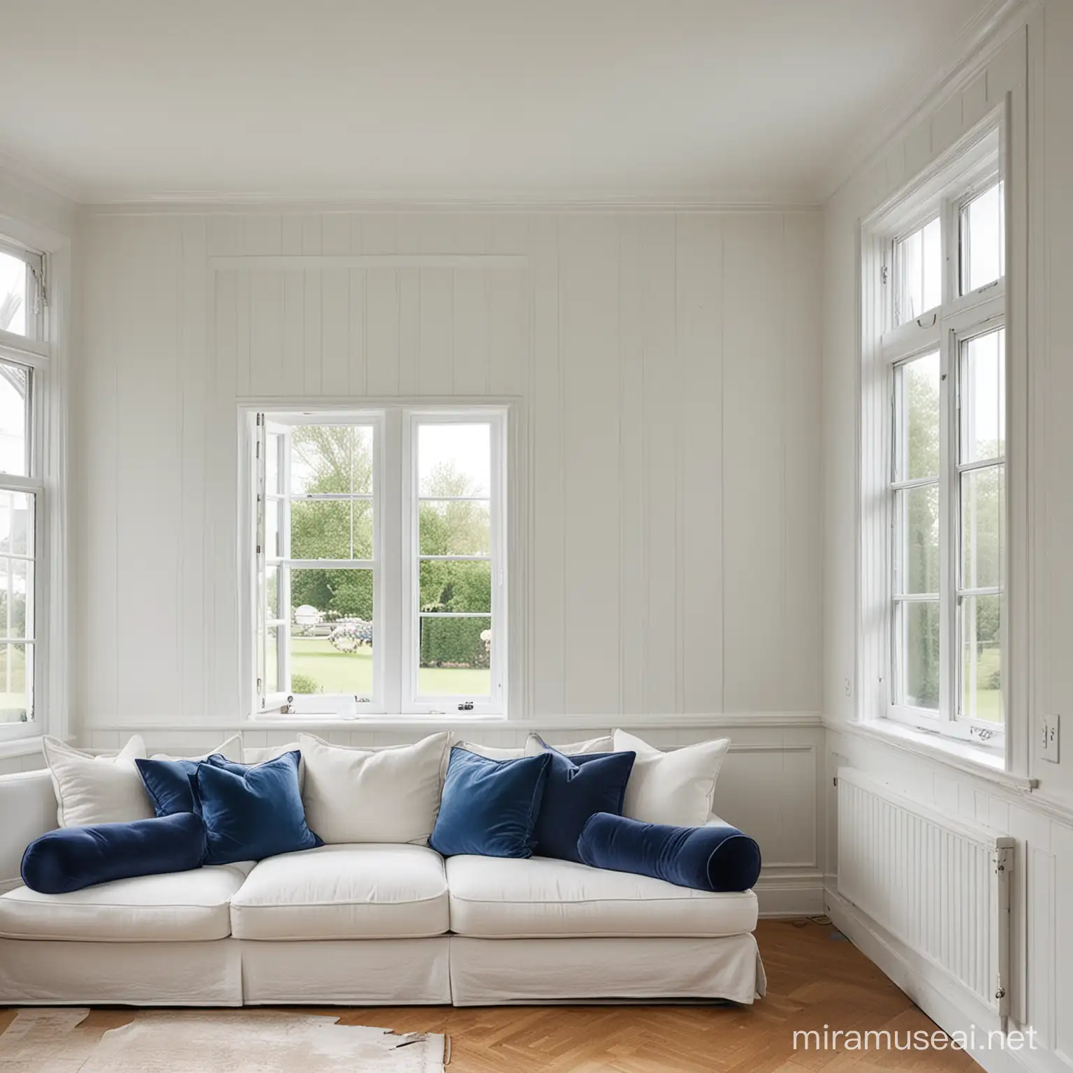 looking into the corner of a living room. large plain white panelled walls. sofa with blue pillows. window to left.