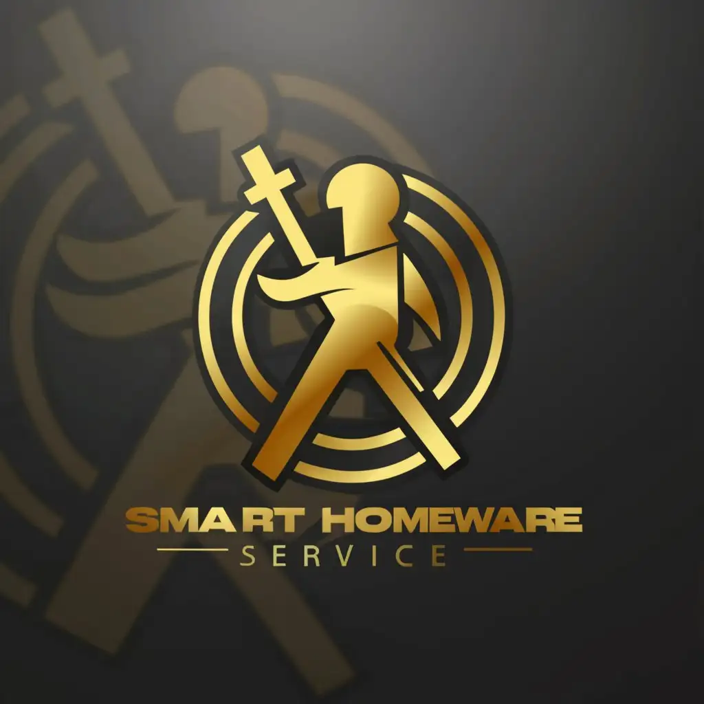 a logo design,with the text "smart homeware service", main symbol:Gold  man with hammer circle logo,Moderate,clear background