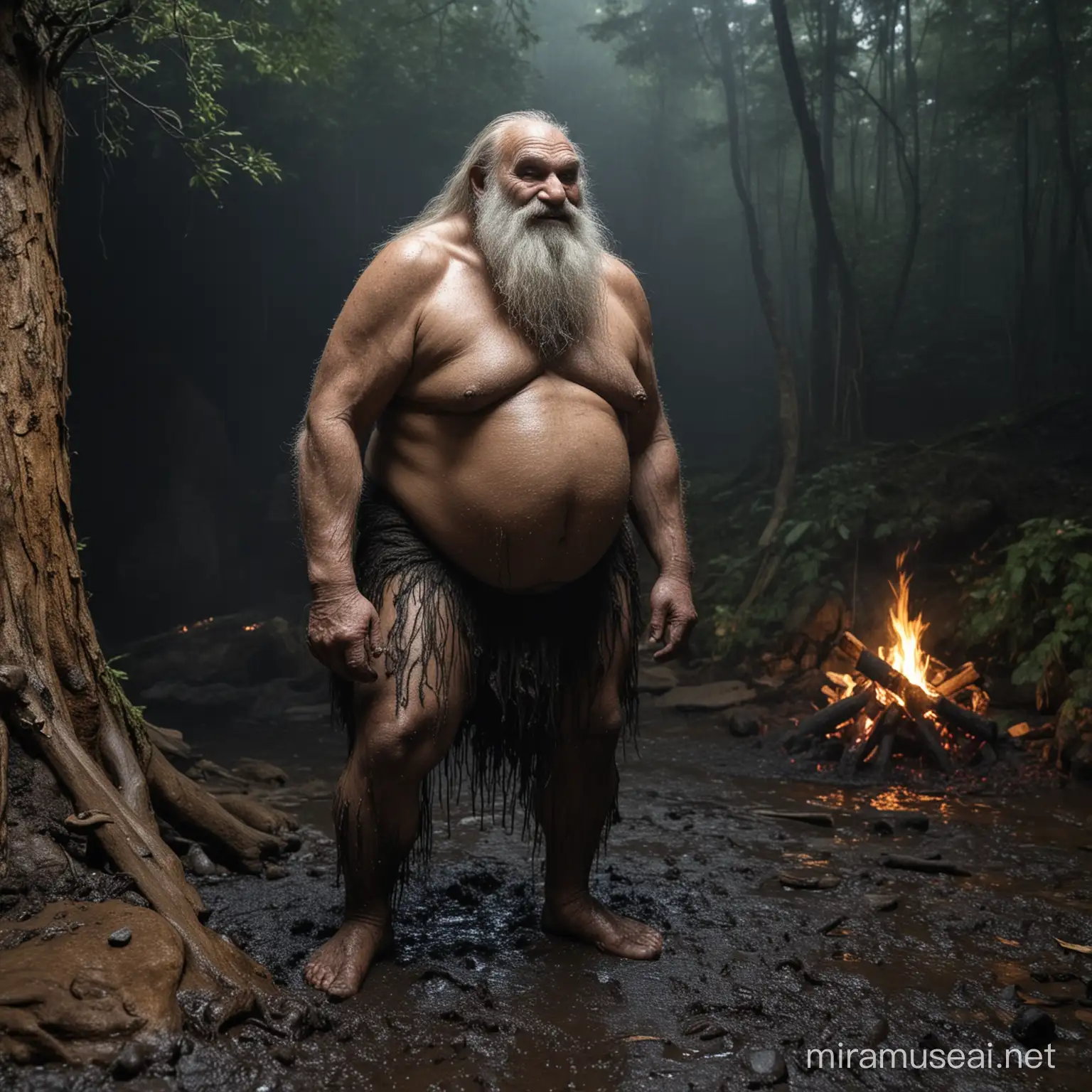 troll,forest cave,at midnight,large feet,loincloth,dumpy,chubby,primitive,hairy,long beard,old age,bonfire,rainy,wet dirty black mud all over the body,black people