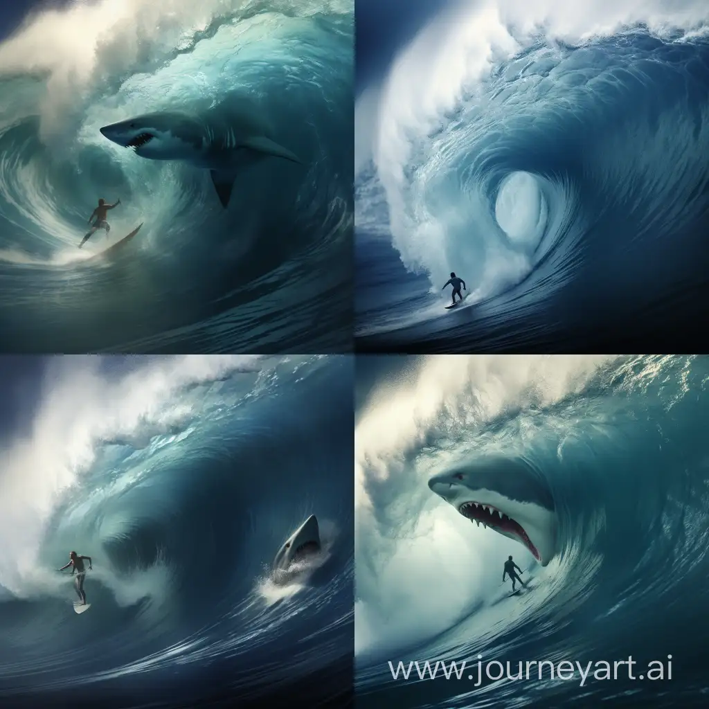 um tubarão em uma onda gigante atrs de um surfista