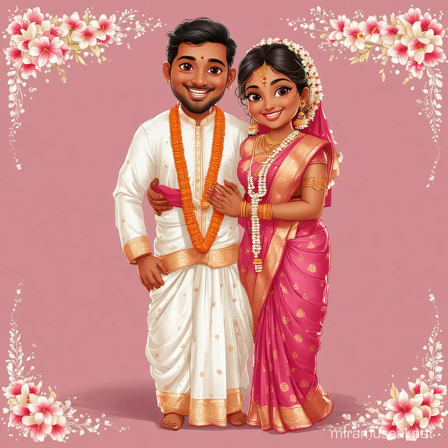 Joyful Cartoon Tamil Bride and Groom in Traditional Wedding Attire with Flowers