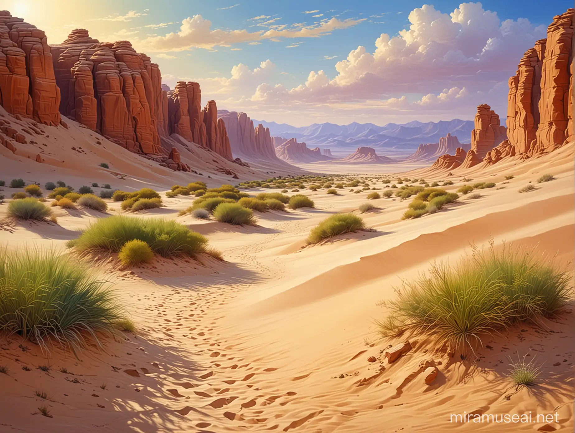 Великолепный пейзаж, пустыня, барханы, сказочный оазис, 
 профессиональный, реалистичный, красочный рисунок, картина маслом, живопись, шедевр.