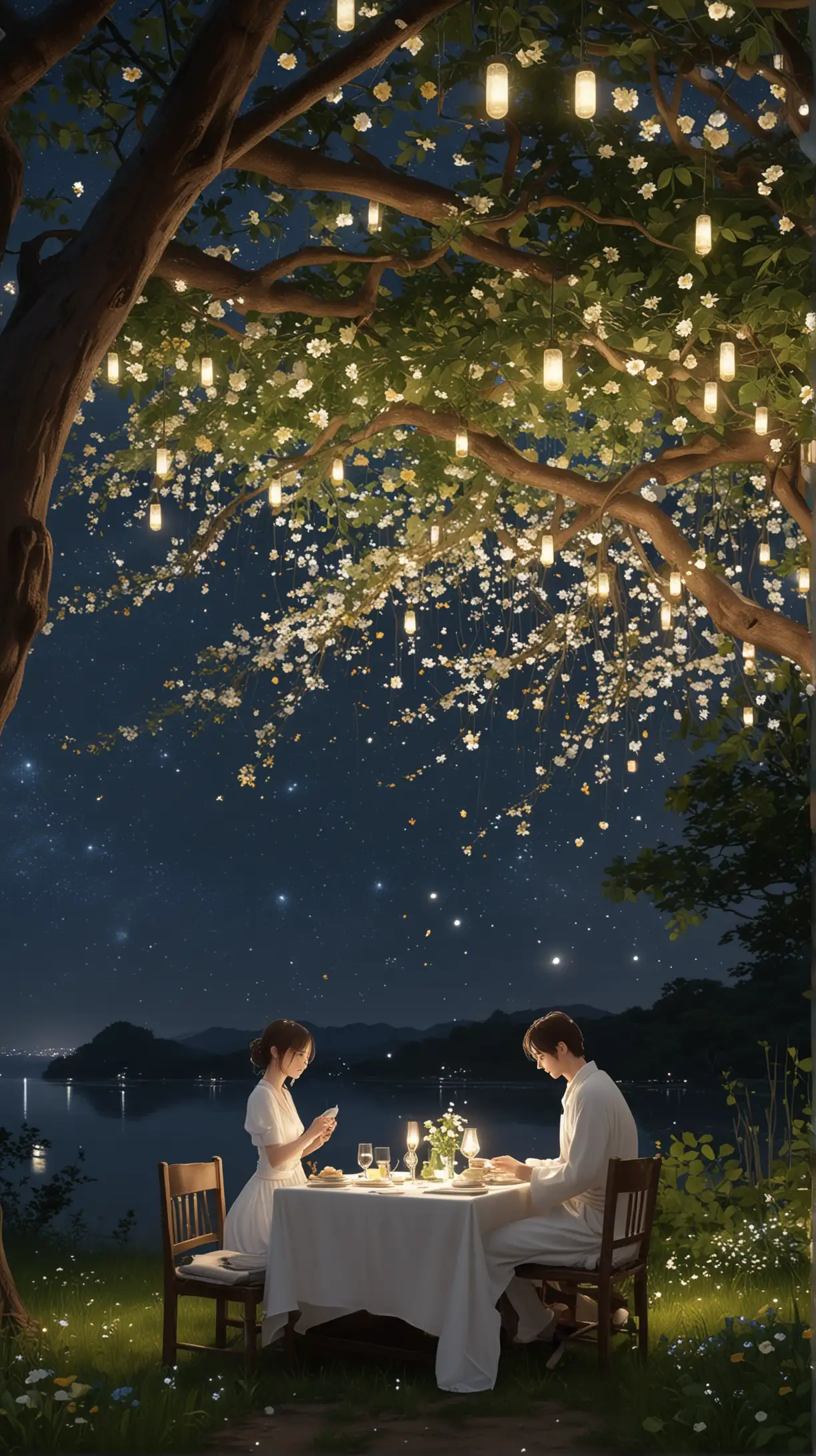 one girl wearing white gown dress, one boy sitting by  lux dinner set table under a tree, flickering lamp,  hanging lamps, fireflies on sky, under beautiful starry dark night sky, beaitiful variant flowers surrounding them, render, stable diffusion, acrylic palette knife, realistic, ultra detailed, illustration, makoto shinkai, mystica_meta, codex_401, --ar mj v 6.0, vibrant, majestic, trending pixiv fanbox, UHD, ultra detailed.