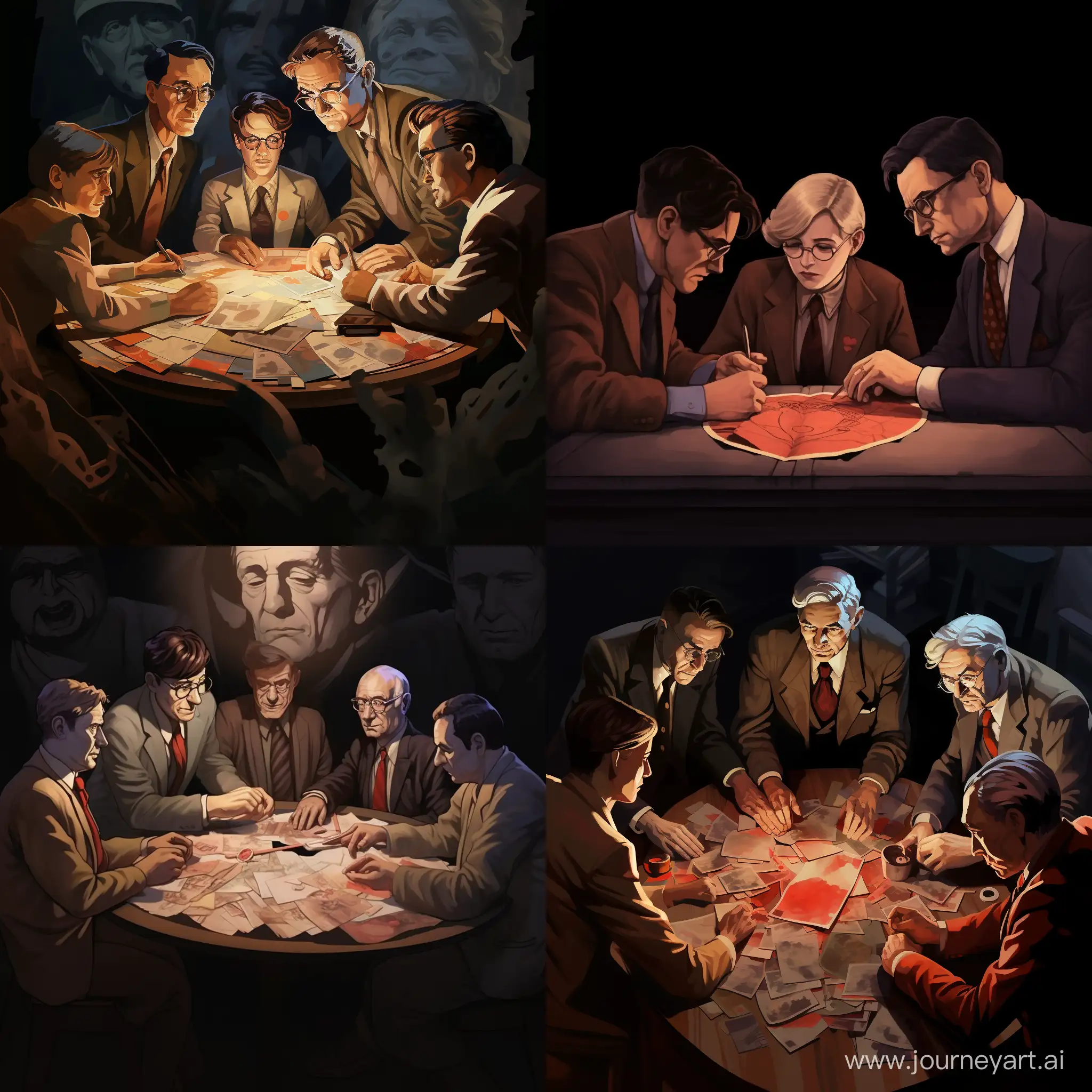 Draw 5 people politicians who are sitting at a table with a lot of papers and everyone is thinking,8K,1941 style,round focus Hearts of Iron IV,2:2,the base of the picture is round