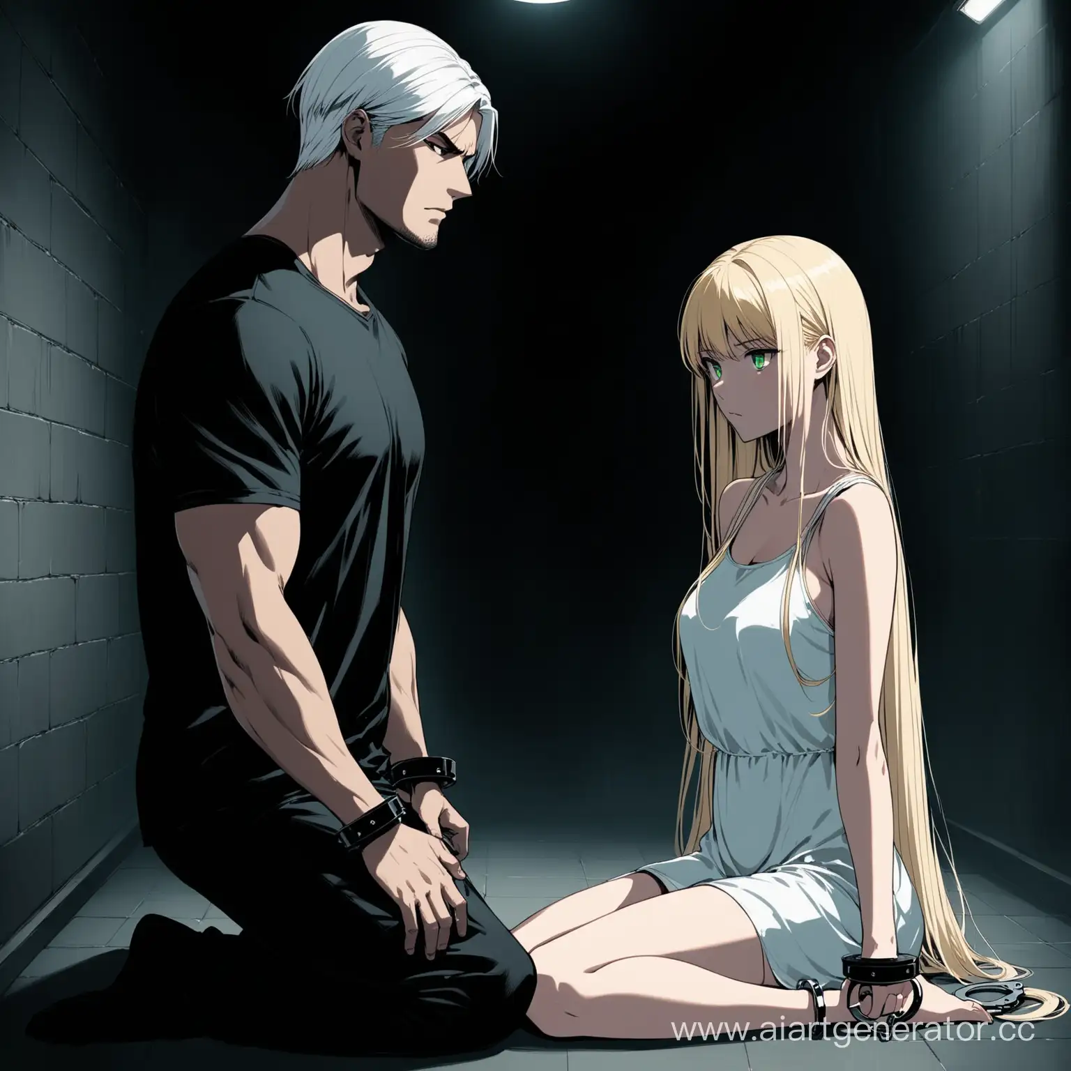 low girl, a thin body, long blonde straight hair, green eyes, she is wearing a semi-transparent short dress, she is sitting on the basement floor in handcuffs, a very tall and fit guy, with white hair and black eyes is standing next to her and he is looking at her, dark and ominous atmosphere