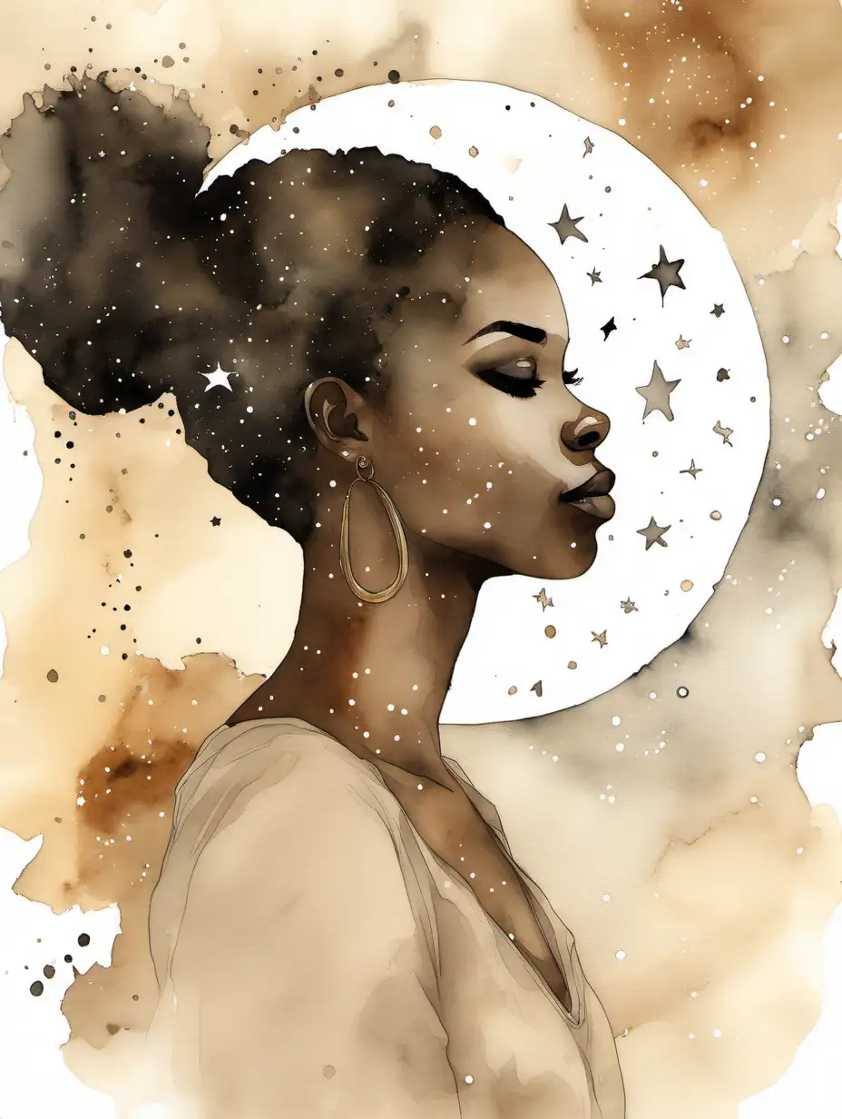 Misty Watercolor Background with Subtle Celestial Motifs and Profile Outline of a Black Woman in Soft Browns