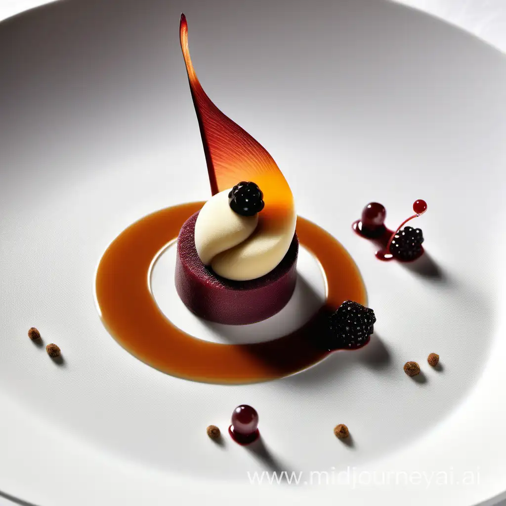 An avant garde dessert in a michelin starred restaurant on a white tablecloth mixing sweet and savoury