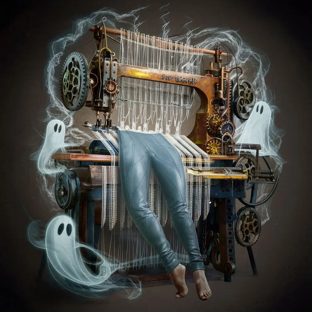 A strange and complex machine that is a sewing loom made of cogs and is mechanical and makes a pair of leggings made from a gray skin leather material that looks steampunk and powered by spectral energy with ghosts and ghostly energy floating around it