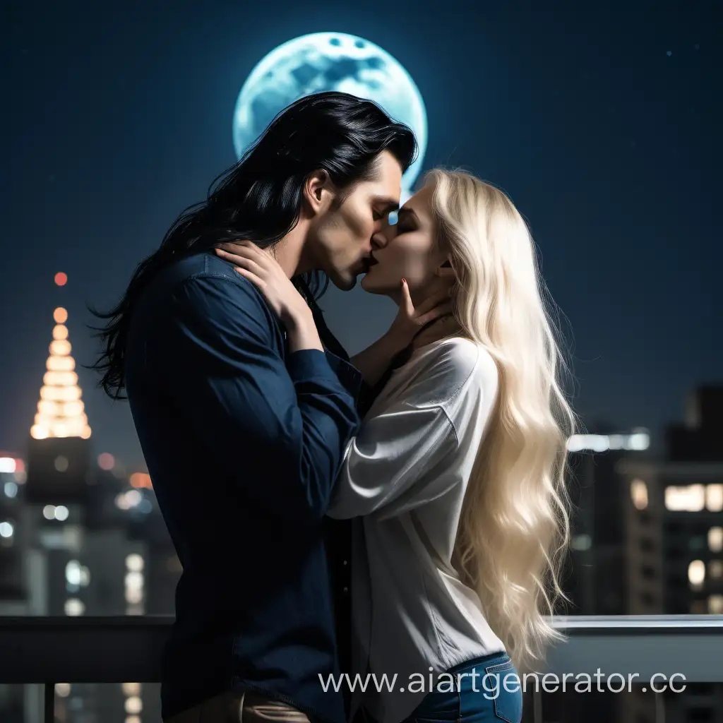 A handsome man with very long black hair kisses a woman with long loose blonde hair on the roof of a haigh-rise building at a moonlit night. realistic.