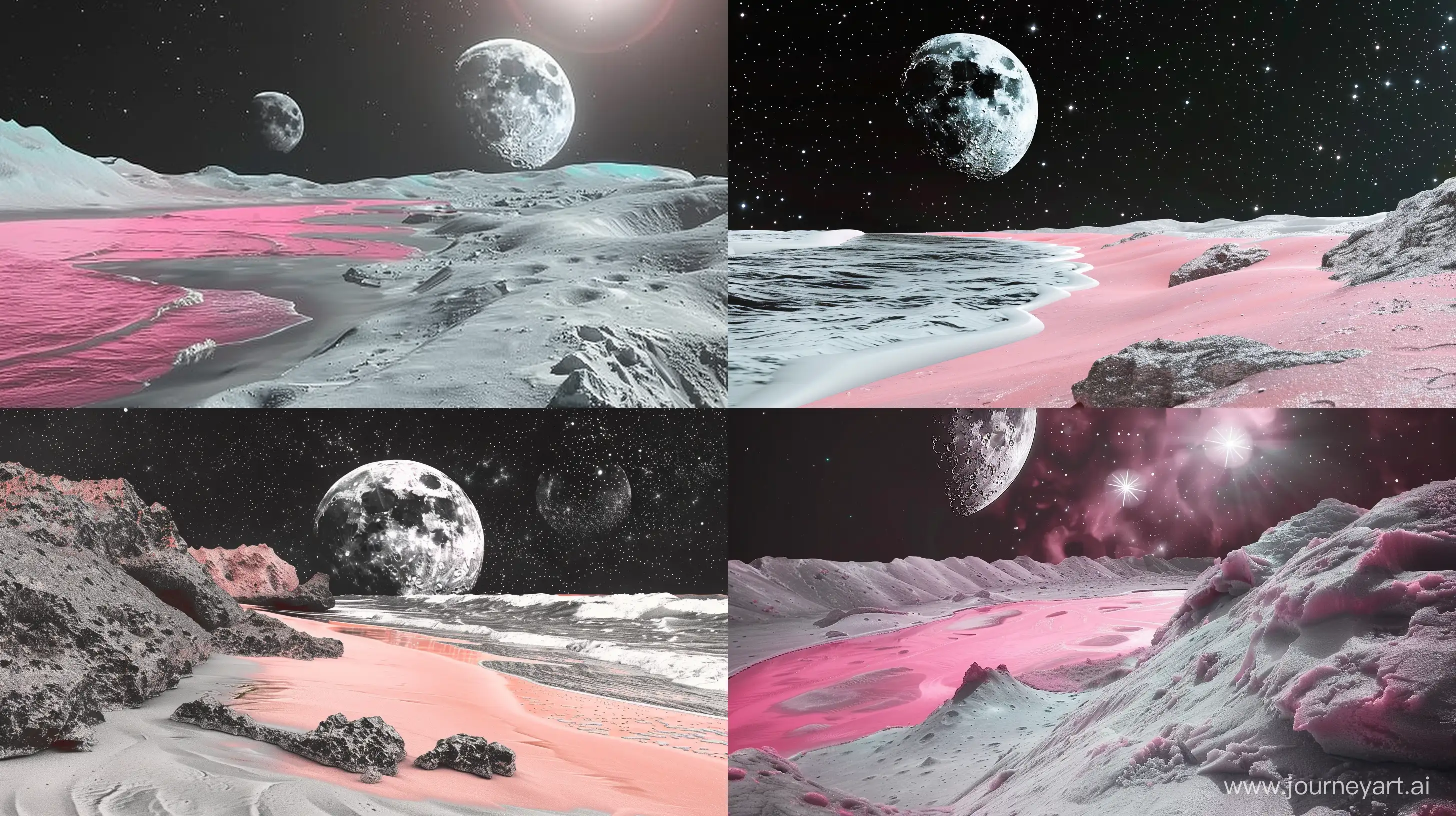 pink beach on the moon, in the galaxy, fantasy style, realistic --ar 16:9