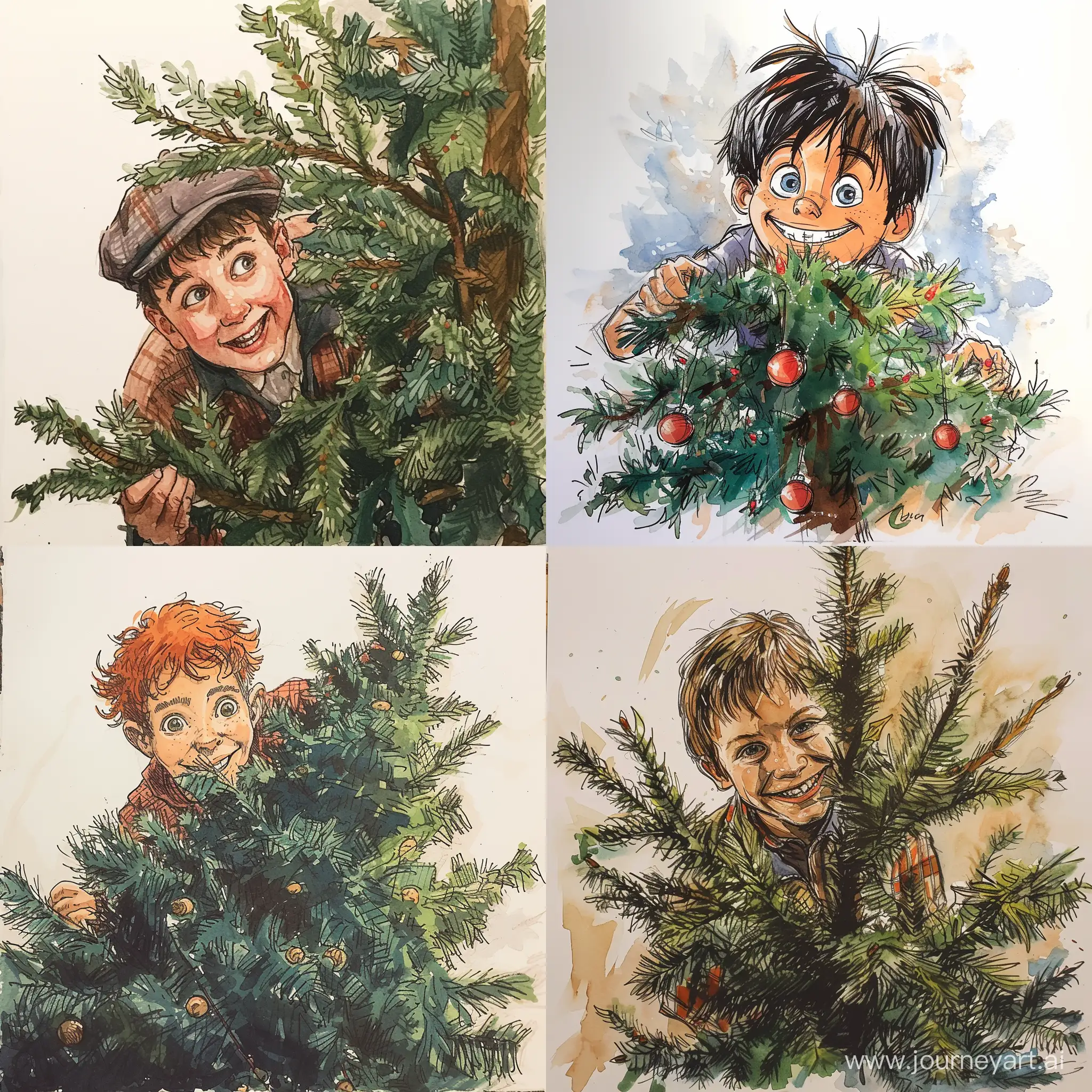 Mischievous-Boy-Hiding-Behind-Christmas-Tree-Colored-Ink-Drawing