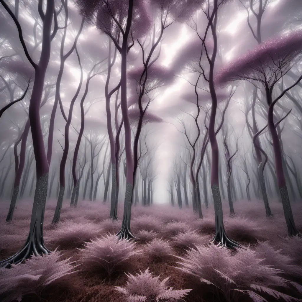 In a captivating low-key cinematic photograph, a serene mauve-tinted forest emerges, exuding an ultra-modern ambiance. This image, reminiscent of a surreal painting, captures the essence of tranquility in a contemporary setting. The main subject of the photograph is a cluster of futuristic, metallic trees, adorned with sleek branches that shimmer in the muted light. The smooth silver trunks are surrounded by a soft haze, adding an ethereal touch to the scene. Every detail in this high-quality image boasts impeccable clarity, allowing viewers to immerse themselves in the enchantment and purity of this modern woodland.