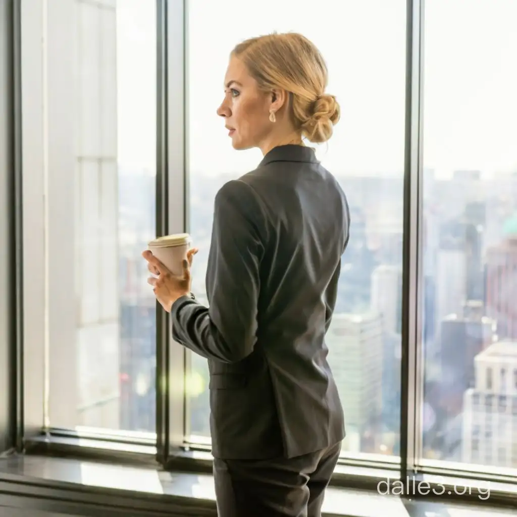 женщина к деловом костюме, стоит с чашкой кофе смотрит в панорамное окно небоскреба, на ее лице читается как я отлично себя чувствую