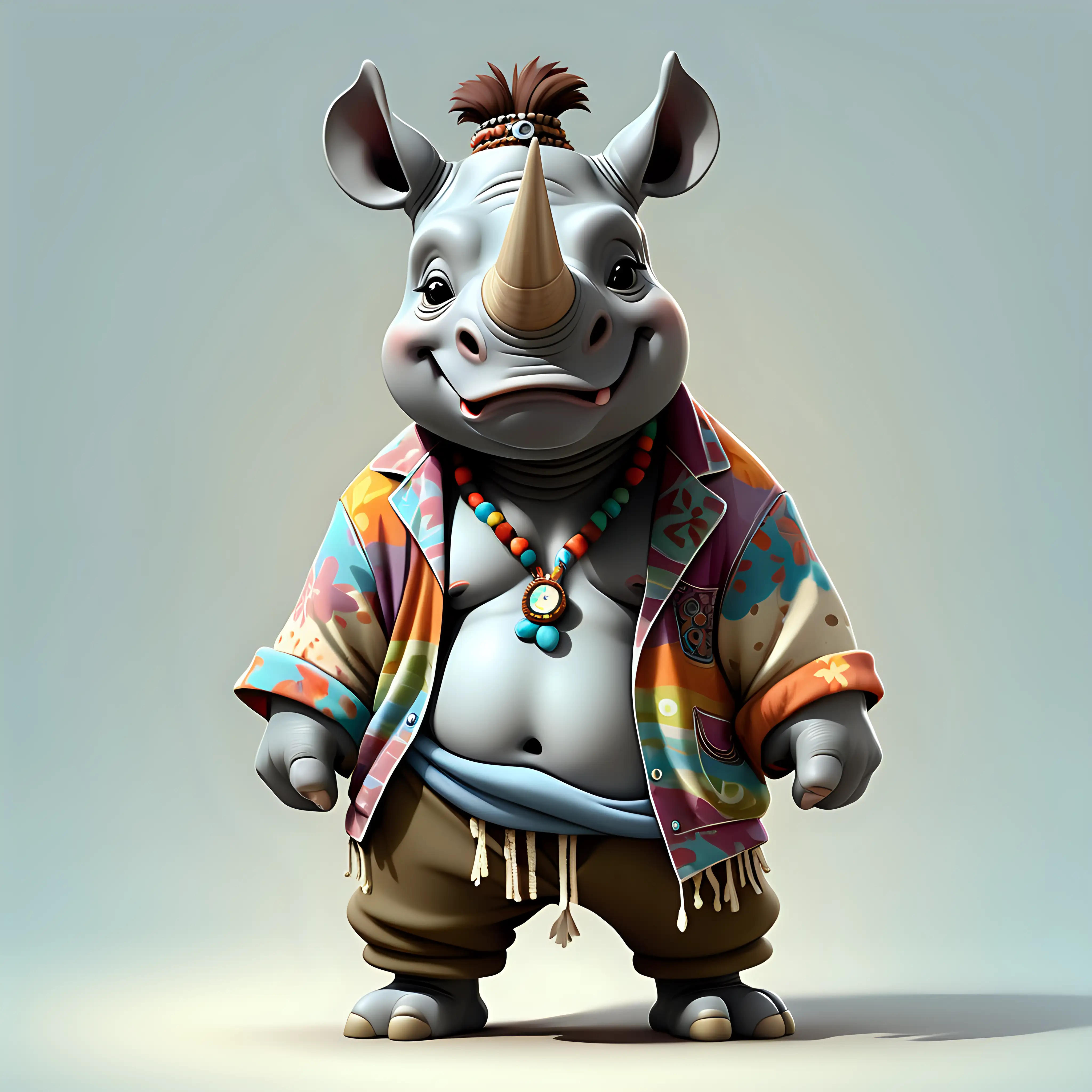 a cute rhinoceros in full body cartoon style with Hippie clothes with clear background