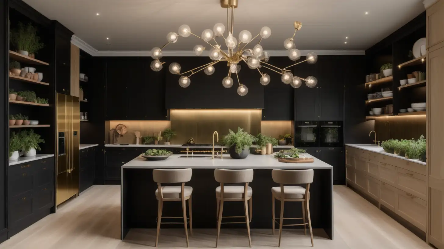 Modern Parisian l-shaped kitchen; large double doors opening to the veggie garden; double islands; modern chandelier; large room; beige, light oak, brass, black colour palette; at night with mood lighting;