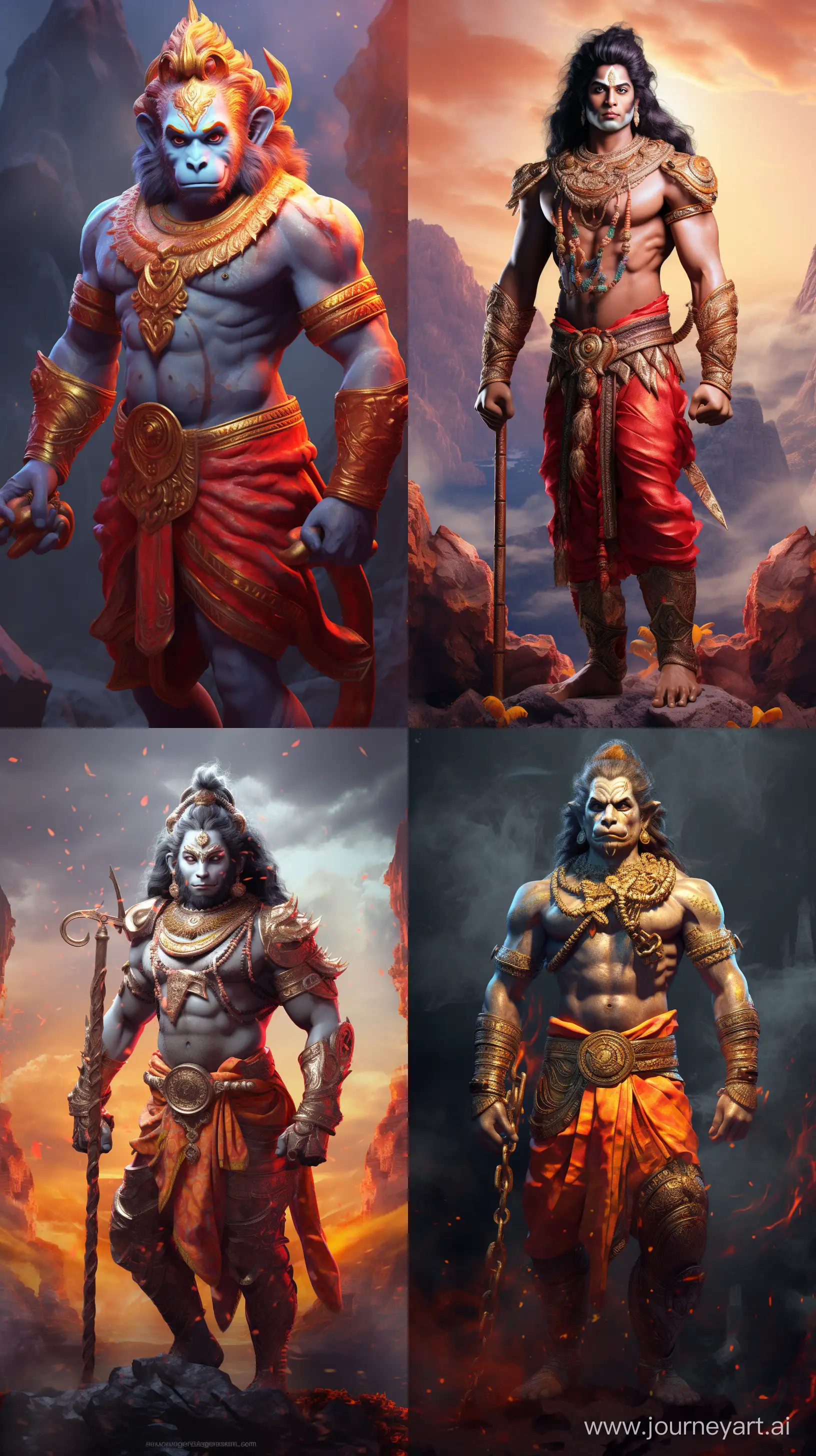 Realistic colorful images depicting Hanuman from Hindu mythology, serene background, standing, intricate details, UHD --ar 9:16 