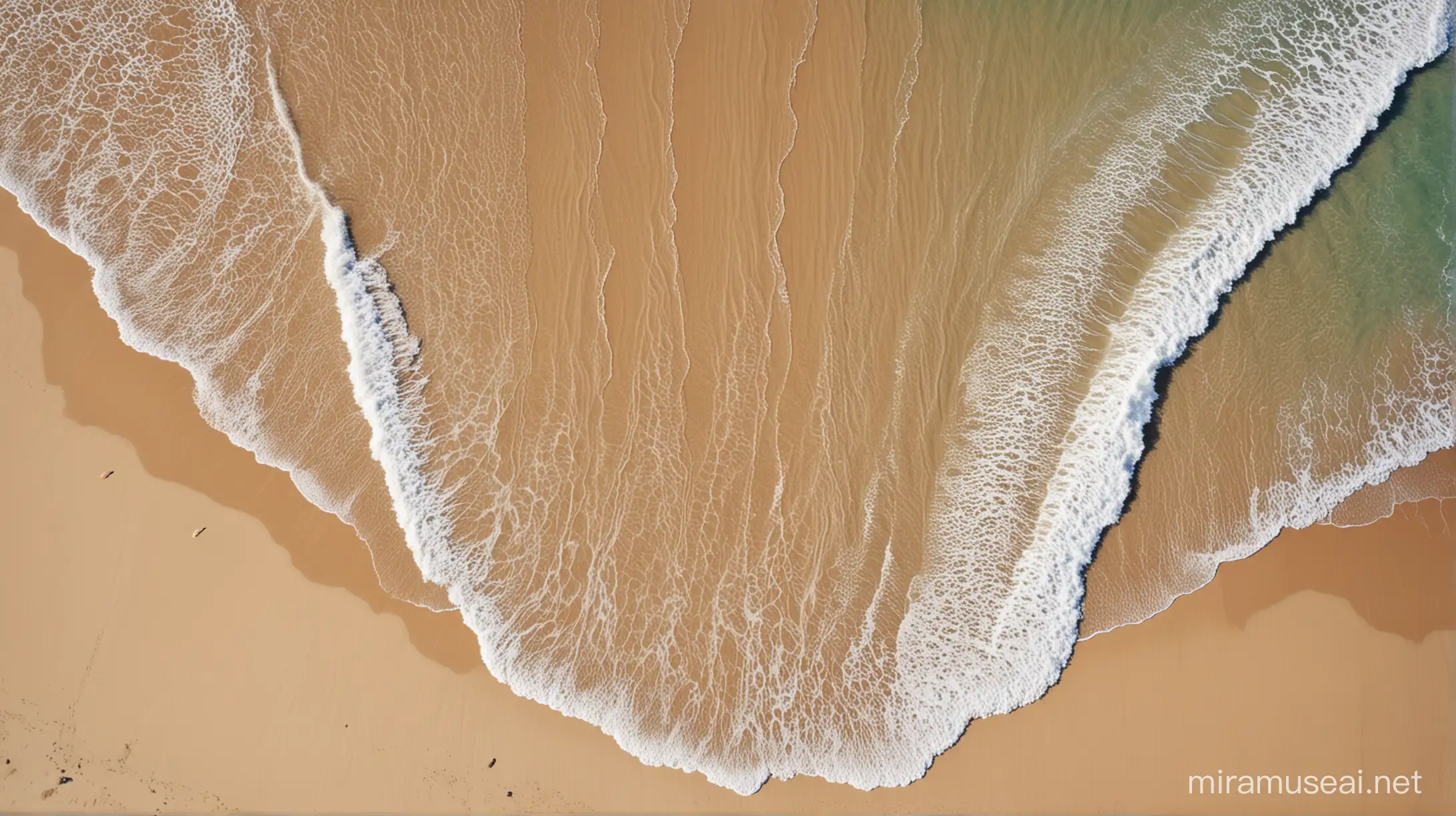 gentle waves rolling on a sandy beach shore as viewed from 1000 feet directly overhead