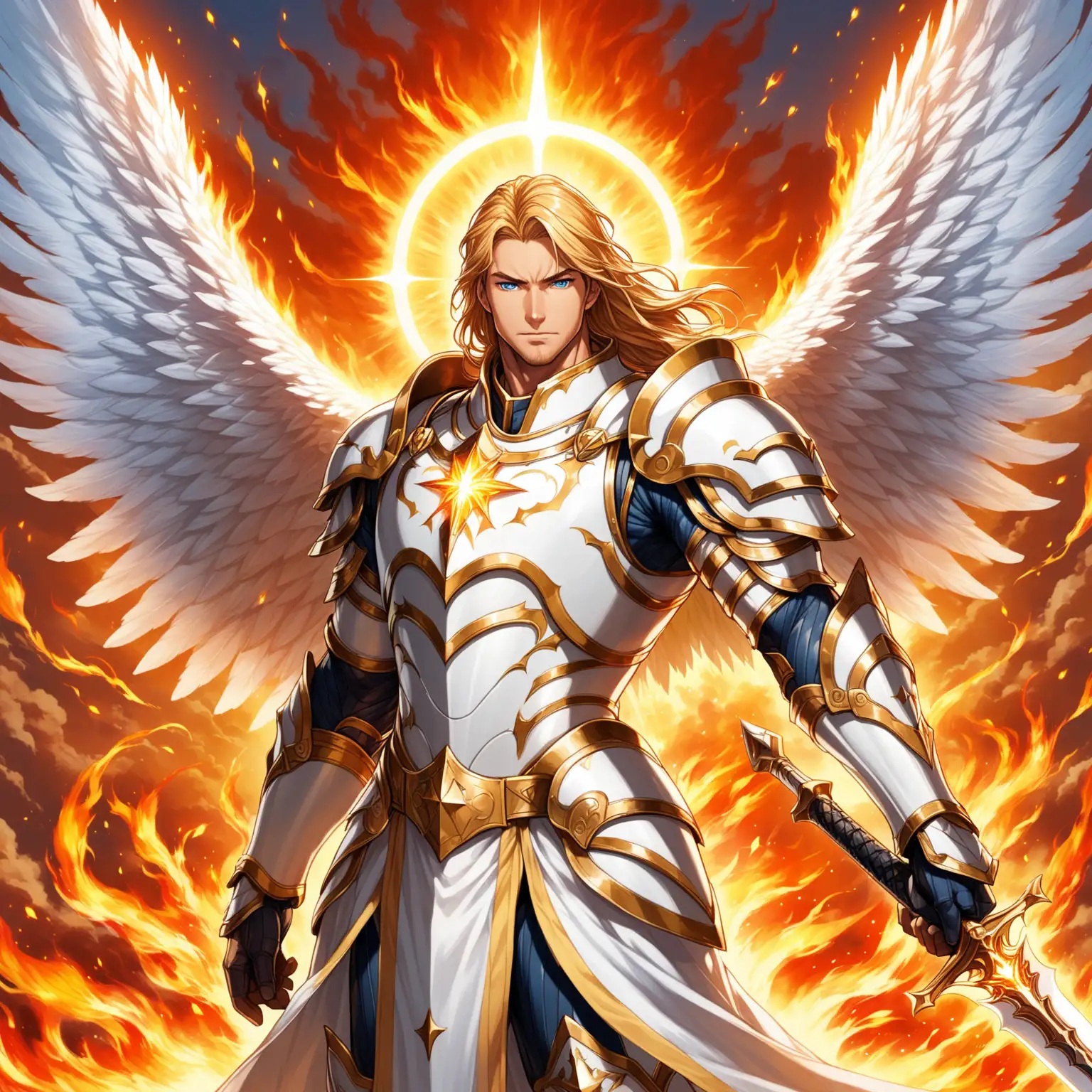 Seraphic Paladin Soaring at Dawn with Fiery Wings