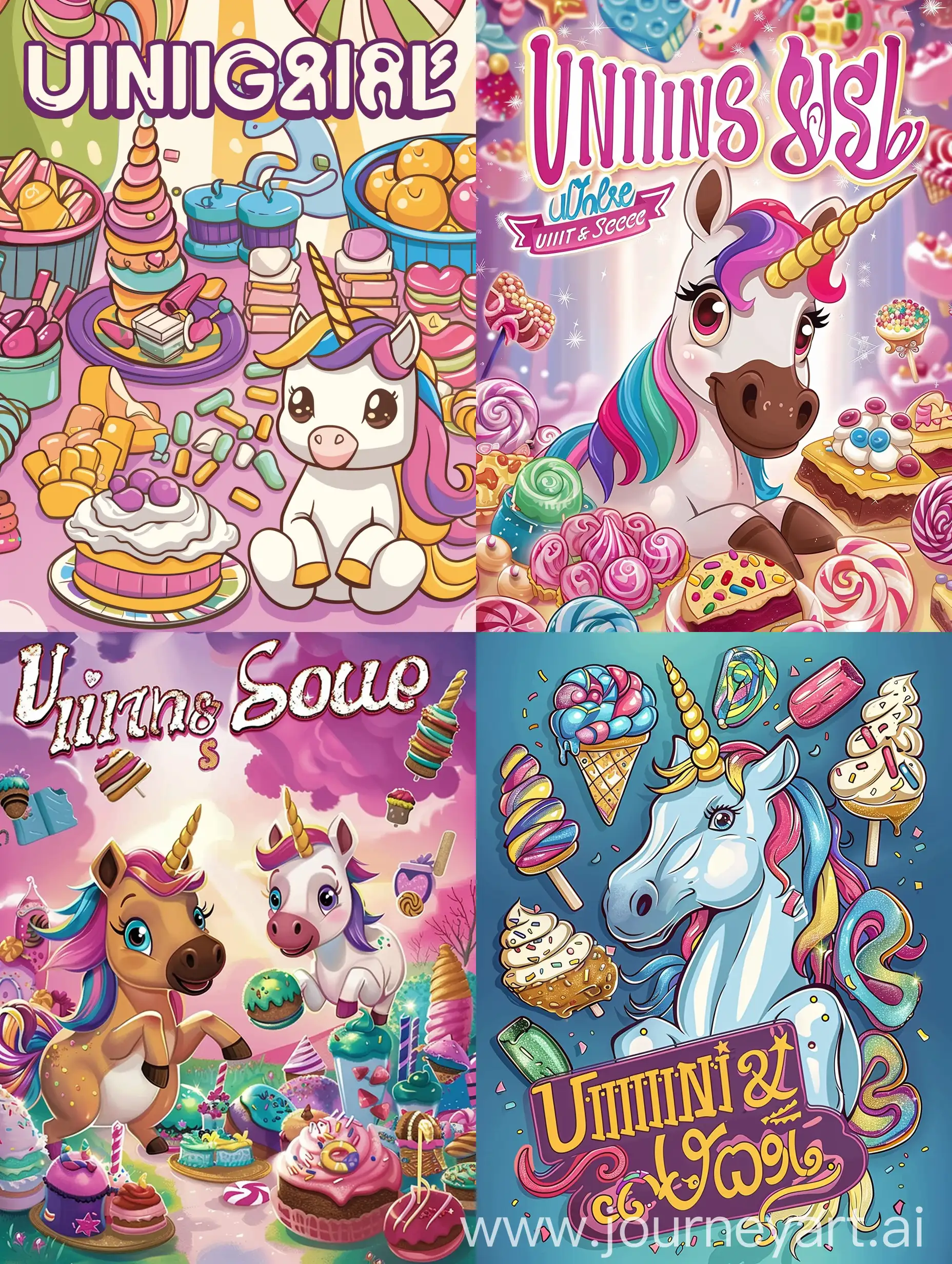 Cover of a computer game, world of sweets, unicorn, cute, children's, inscription "Unicorn and Sweets"