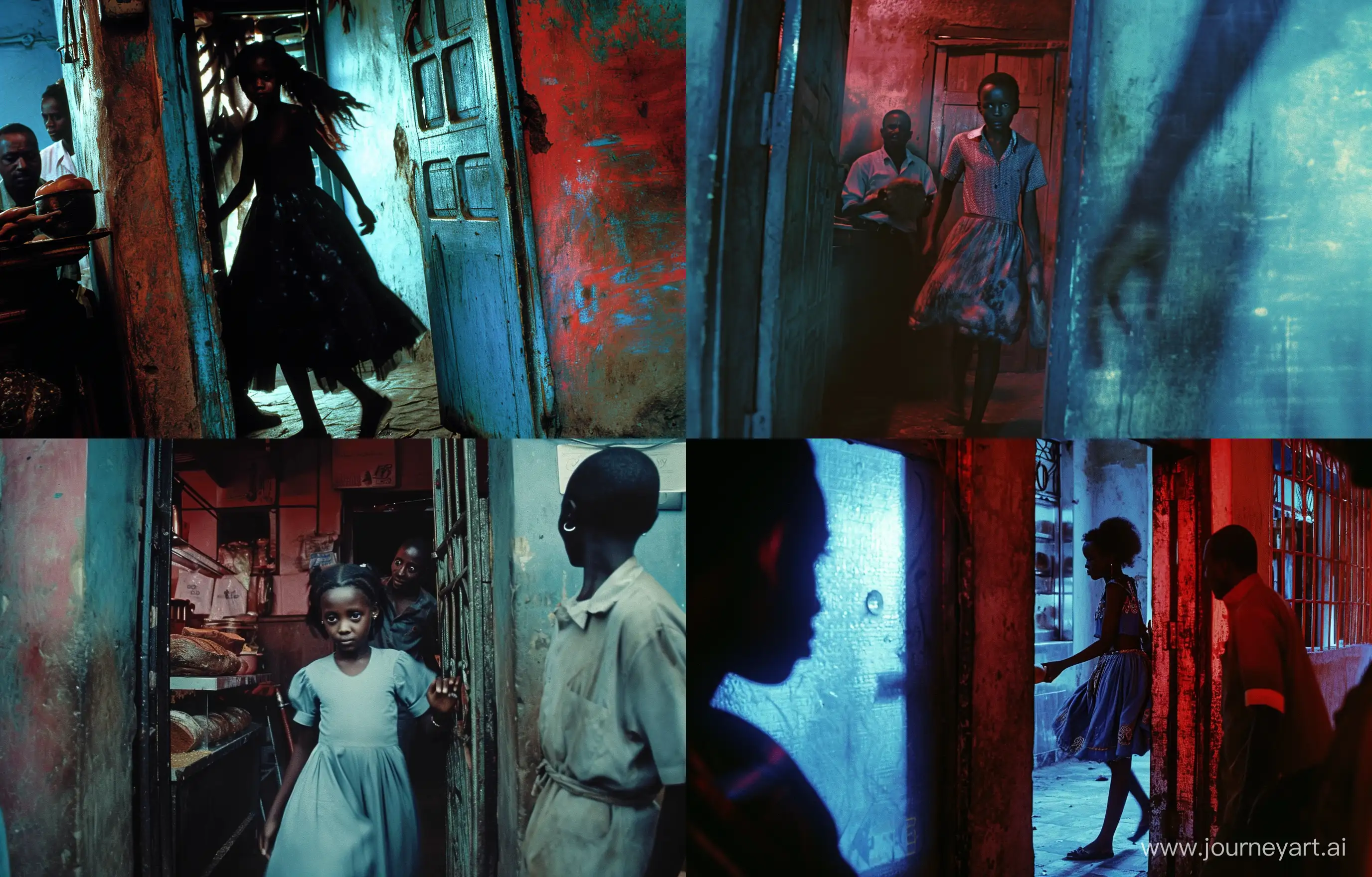 A shot taken in 1998 that shows a gothic ethiopian girl going to the bakery to buy some bread for her hungry mom, she's walking through the door in slow-motion very confident of herself and the baker is looking at her with acute fear.The quality of the scene is cleary grainy and it has intense tones of red and blue.The angle of the camera is a bit lower.--v 6 --ar 14:9