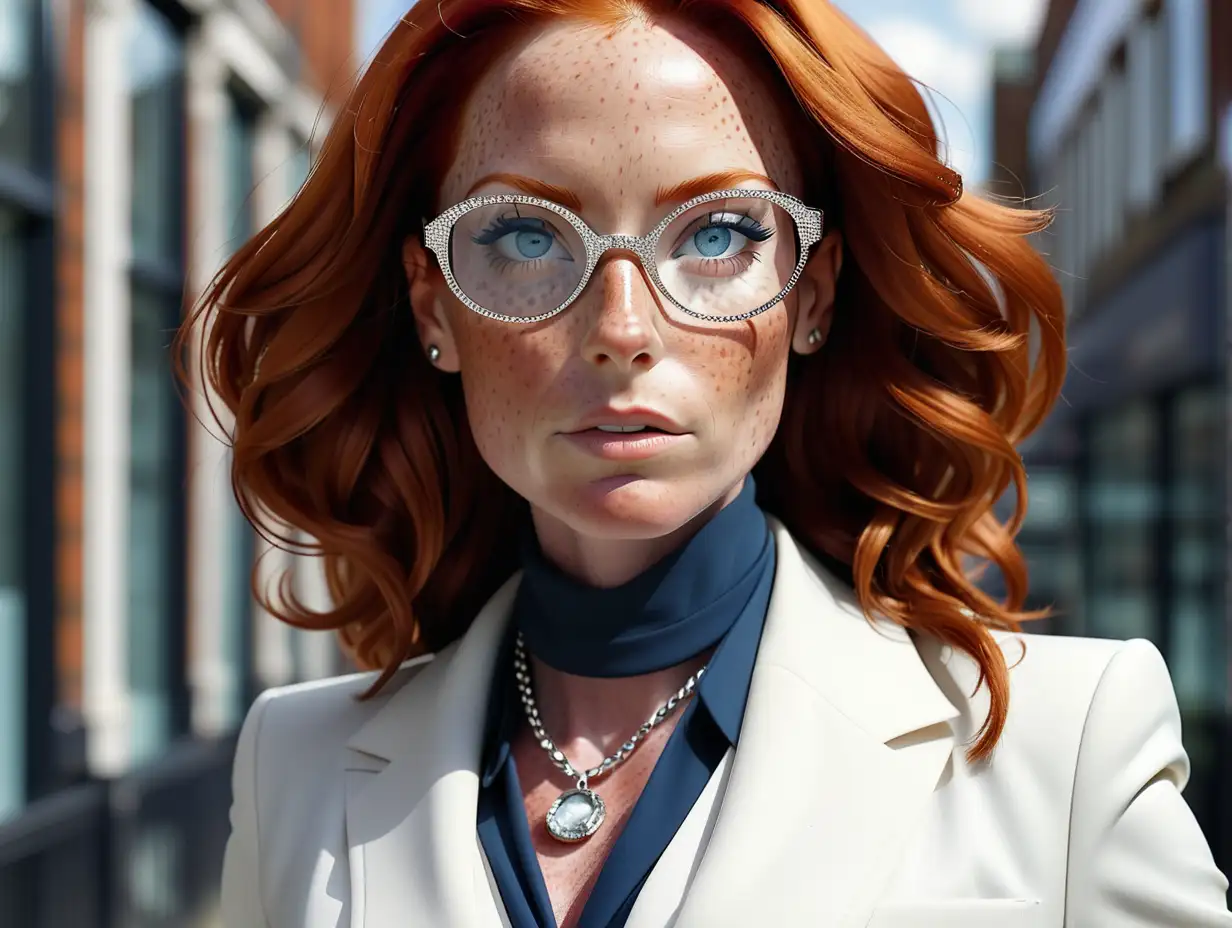 Stylish Businesswoman Laura Jolie in London RedHaired Freckled Beauty with Gucci Glasses and Diamond Jewelry