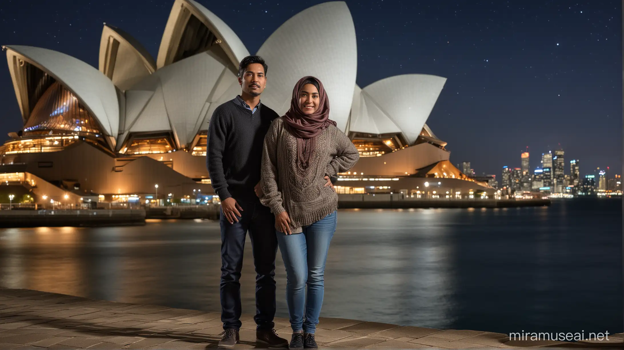 Indonesian Couple Under Sydney Opera House at Night UltraHD HDR Photography