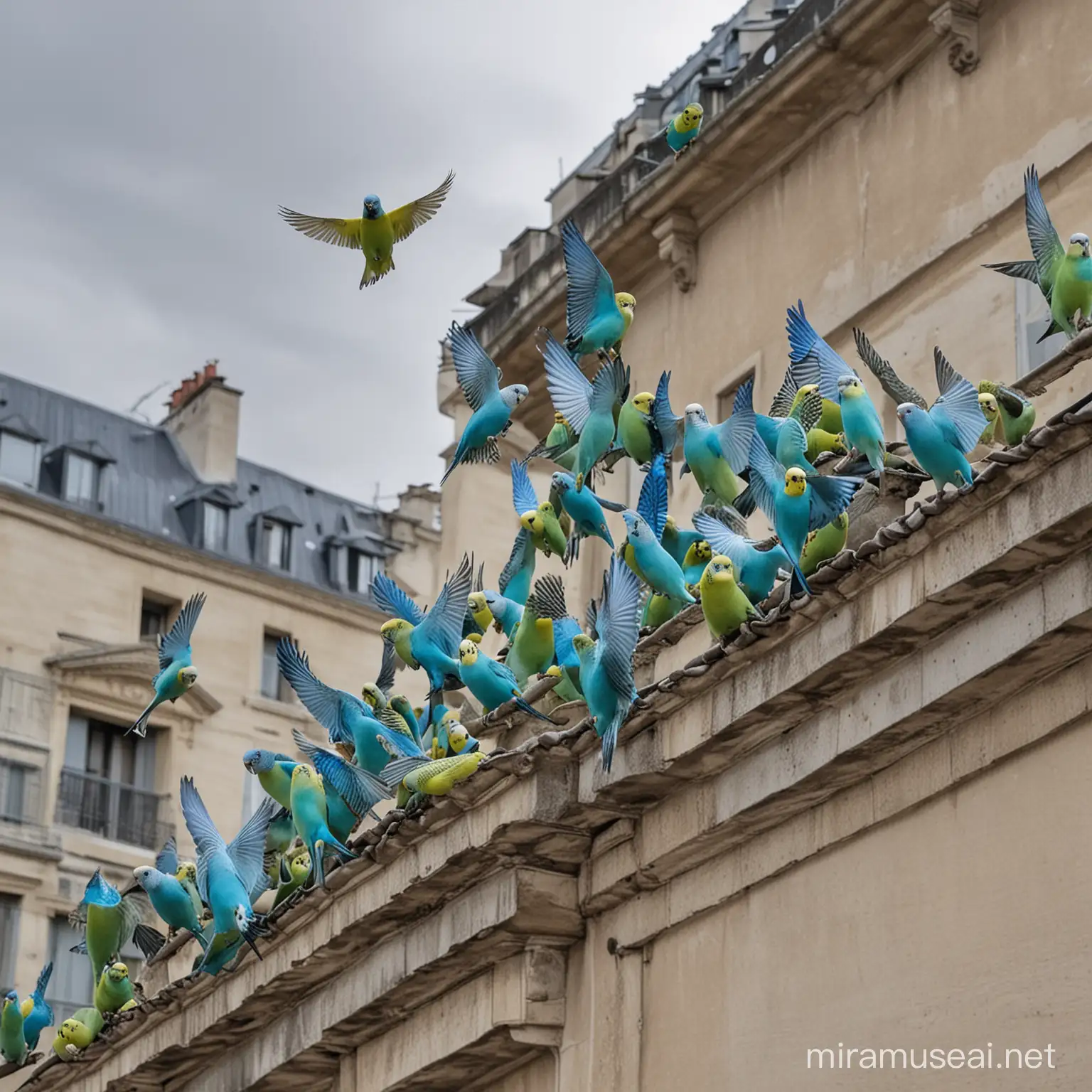 10 perruches ondulée bleue et verte en train de prendre son envol sur le toit d'un immeuble parisisen