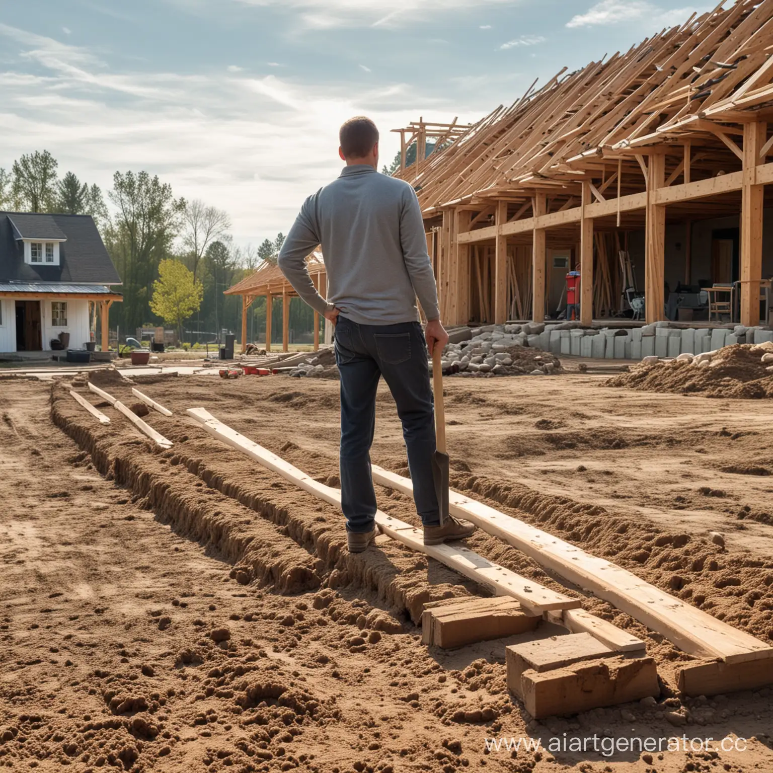 Man-Leaning-on-Shovel-with-House-Foundation-and-Village-Background