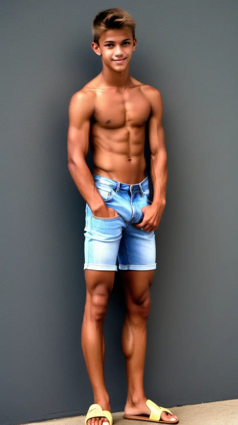 stunningly beautiful slim but muscular 18-year old boy, lightly tanned, wearing tight girly denim micro-short shorts, flipflop sandals showing his toes, crop top muscle tee shirt