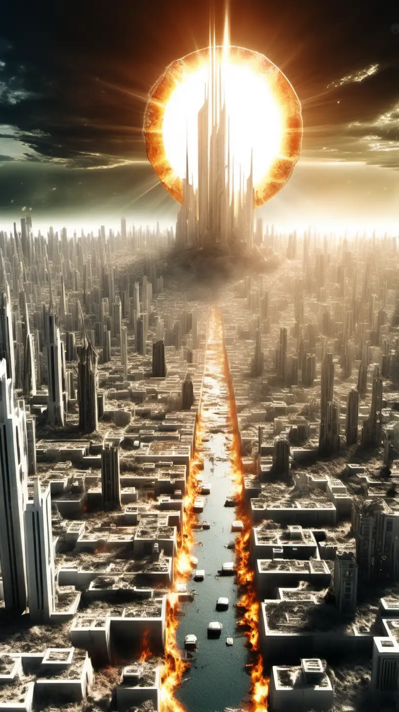 Futuristic White City Engulfed by Decaying Suns Flames