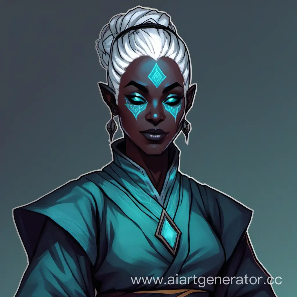 Eilistraee-Priest-with-Low-Saturation-Drow-Scholar-Cleric-in-Dark-GreyTeal-Skin-and-Messy-Bun