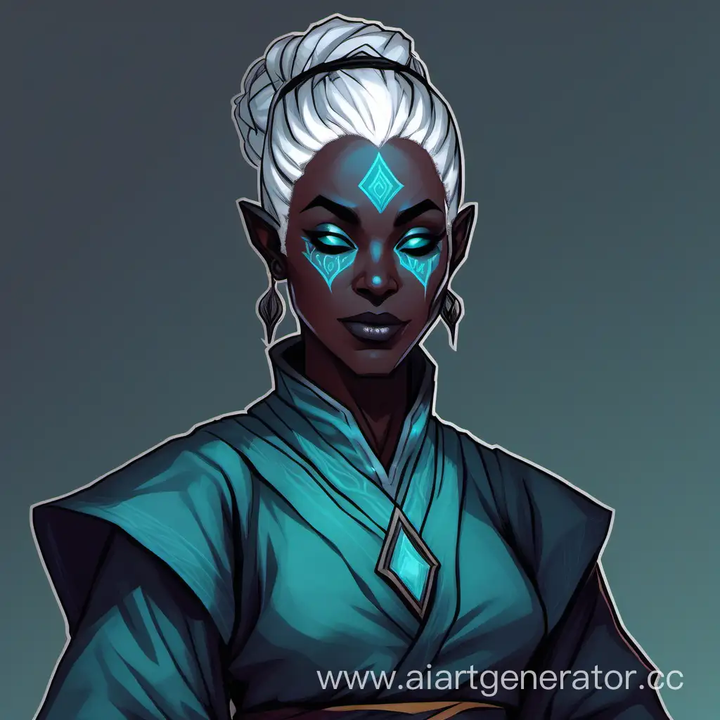 Low saturation. D&D drow scholar cleric. Dark grey-teal skin, pale eyes. Hair in a low, messy bun. Eilistraee priest. 