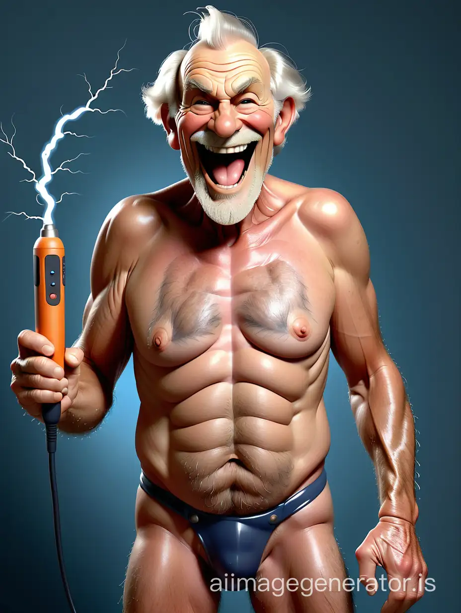 old grandpa on viagra, proud, with a big hard vascular penis, grinning pervert, naked, standing erect, oozing sperm, hairy body, full body, agile, dynamic, fit & strong, shaggy, funky, intense,, holding vibrating bdsm taser baton club