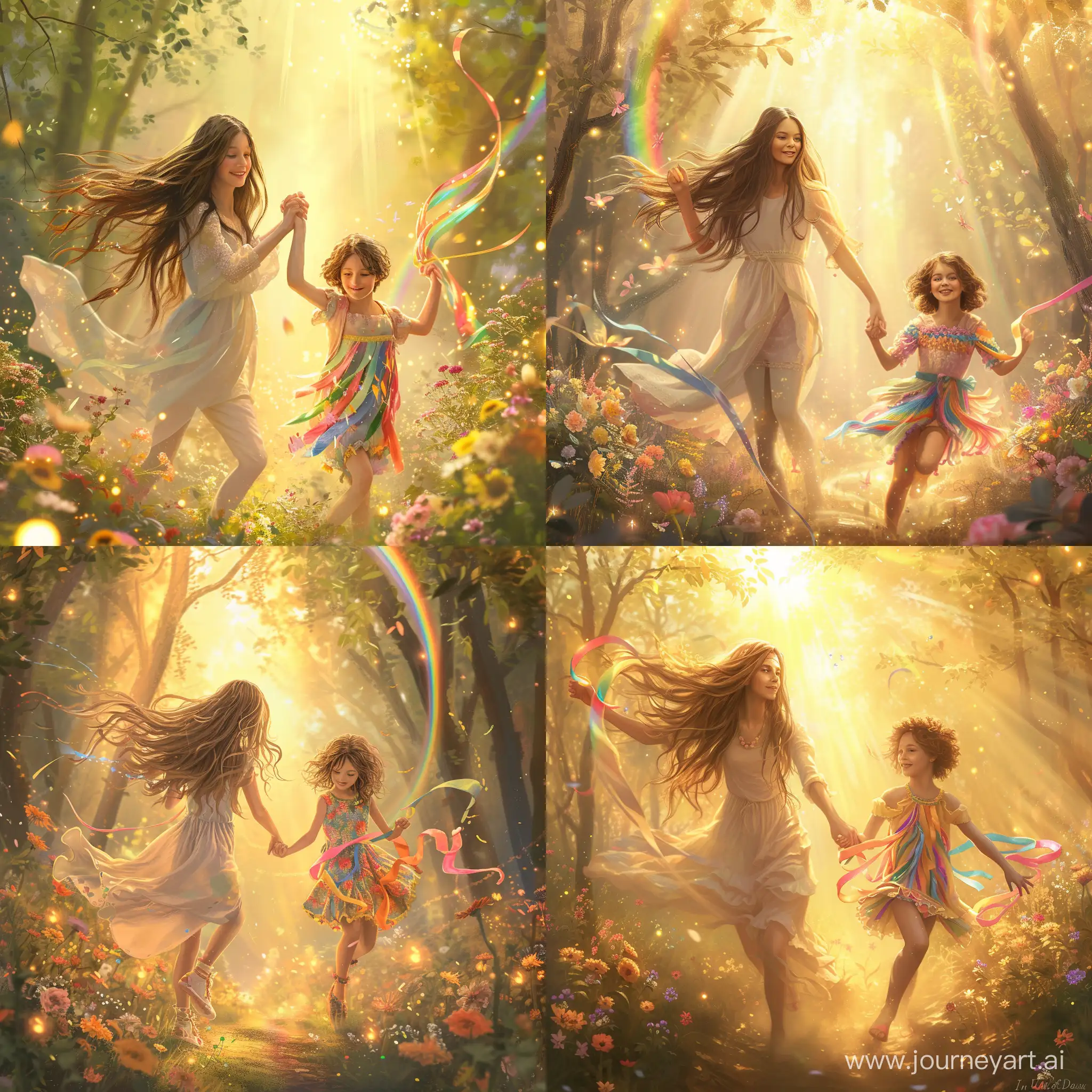 Create an image depicting two sisters, Olive and Maia, holding hands and running through a magical, sunlit forest filled with blooming flowers and twinkling fireflies. Olive, the older sister, with long, flowing hair, is dressed in a light, pastel outfit that flutters in the wind. Maia, the younger, with short, tousled hair, wears a colorful, joyful dress and holds a colorful ribbon in her other hand, which dances in the air along with them. In the background, a rainbow and golden rays of sunlight piercing through the tree leaves are visible, adding warmth and a magical glow to the scene. The image should be full of life, joy, and carefreeness, reflecting the theme of the song 'In the Land of Carefree Days', with an emphasis on the unbreakable bond and happy moments shared by the sisters.