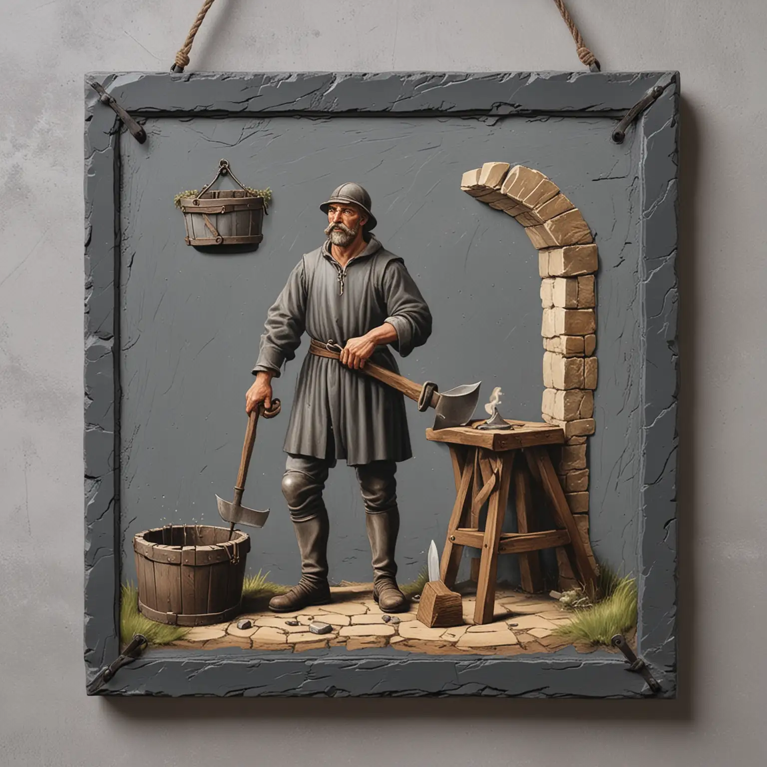 Pictorial sign with slate background depicting a medieval Blacksmith in a square surround
