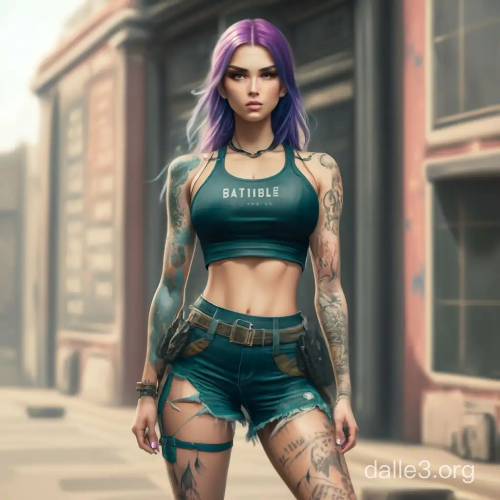 красивая девушка с фиолетовыми волосами, в коротких шортах, в татуировках, в стиле игры playunknown battleground