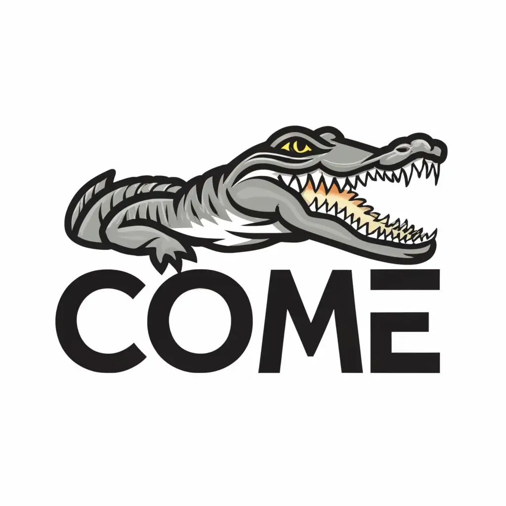 logo, alligator, vector, black, white, crazy, eyes, wide, mouth, open, teeth, sharp, tail, curved, background, minimalistic, contrast, high, details, intricate, monochrome., with the text "Come", typography, be used in Nonprofit industry