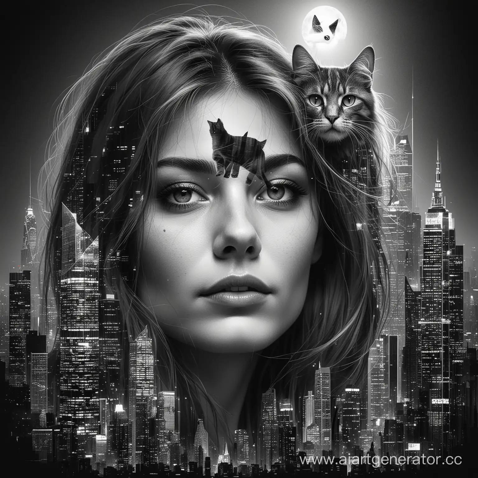 Urban-Night-Double-Exposure-Art-Womans-Face-and-Cat-in-Vector-Graphics