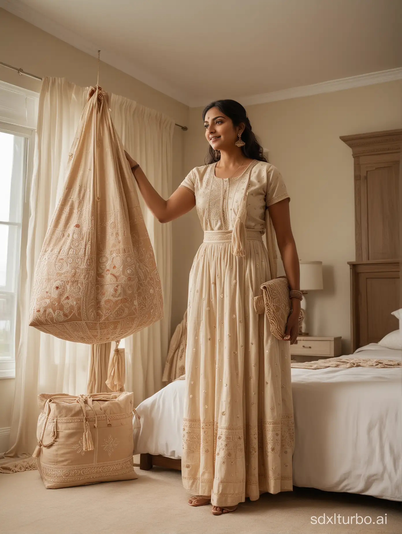 Indian woman in neutral embroidered partywear standing next to bed in her bedroom which is furnished in traditional Indian style, she is holding a Hayden Hill long hanging storage bag, room brightly lit, emulate Nikon D6 shot, wide angle shot, soft warm lighting, photorealistic