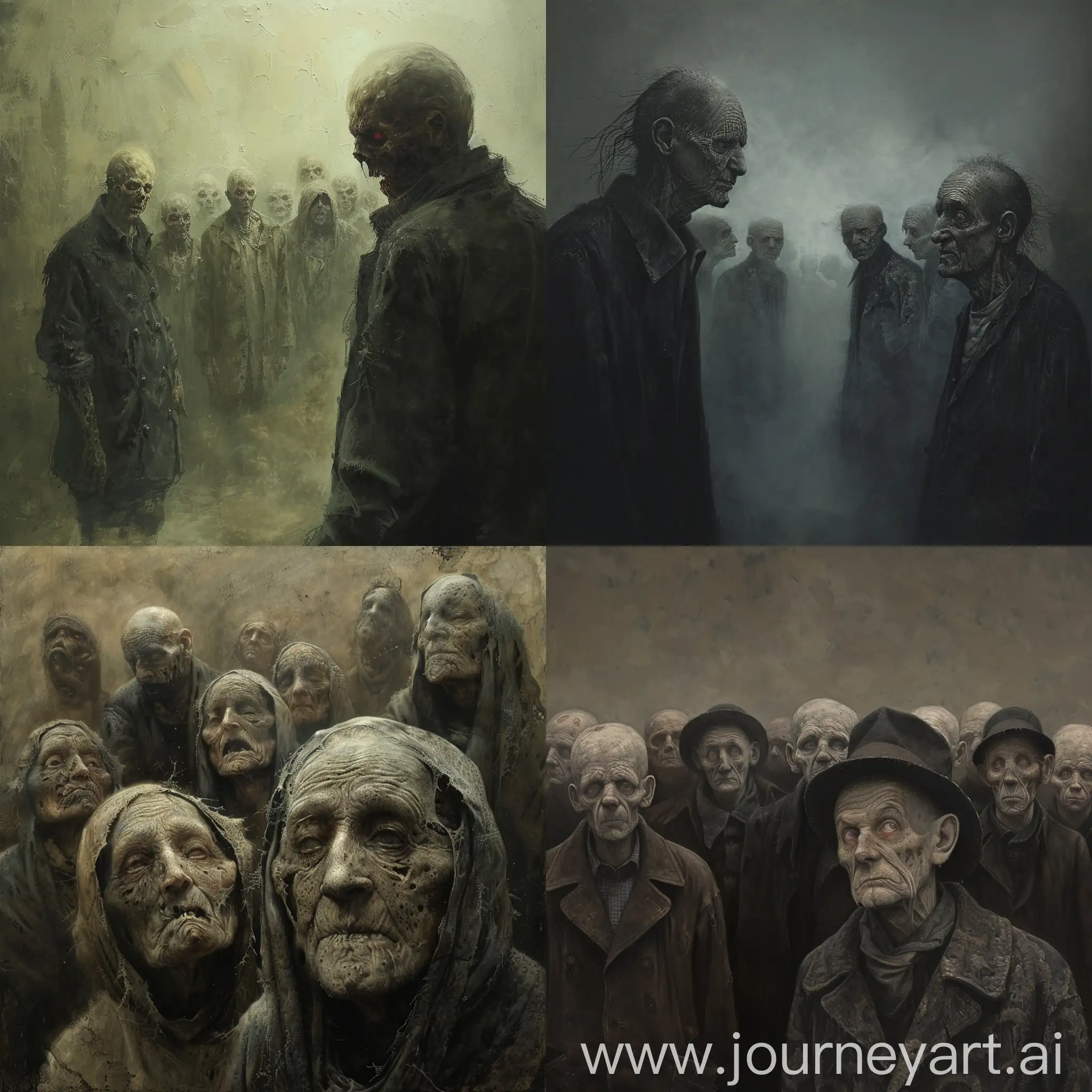 Weird decrepit people WITH VACANT LOOKS staring at person Beksinski, grotesque, dark, haunting, unsettling