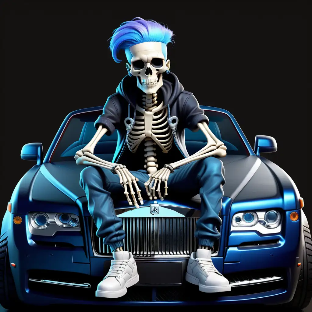 Black background with a skelton rapper with blue hair sitting on top the hood of a black rolls royce